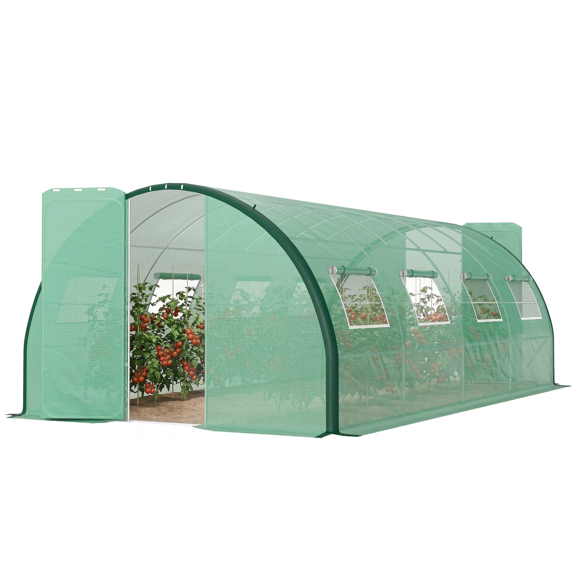 Outsunny Serre de jardin tunnel serres tunnel 18 m2 8 fenêtres 2 portes articulées toile PE structure en fer galvanisé vert
