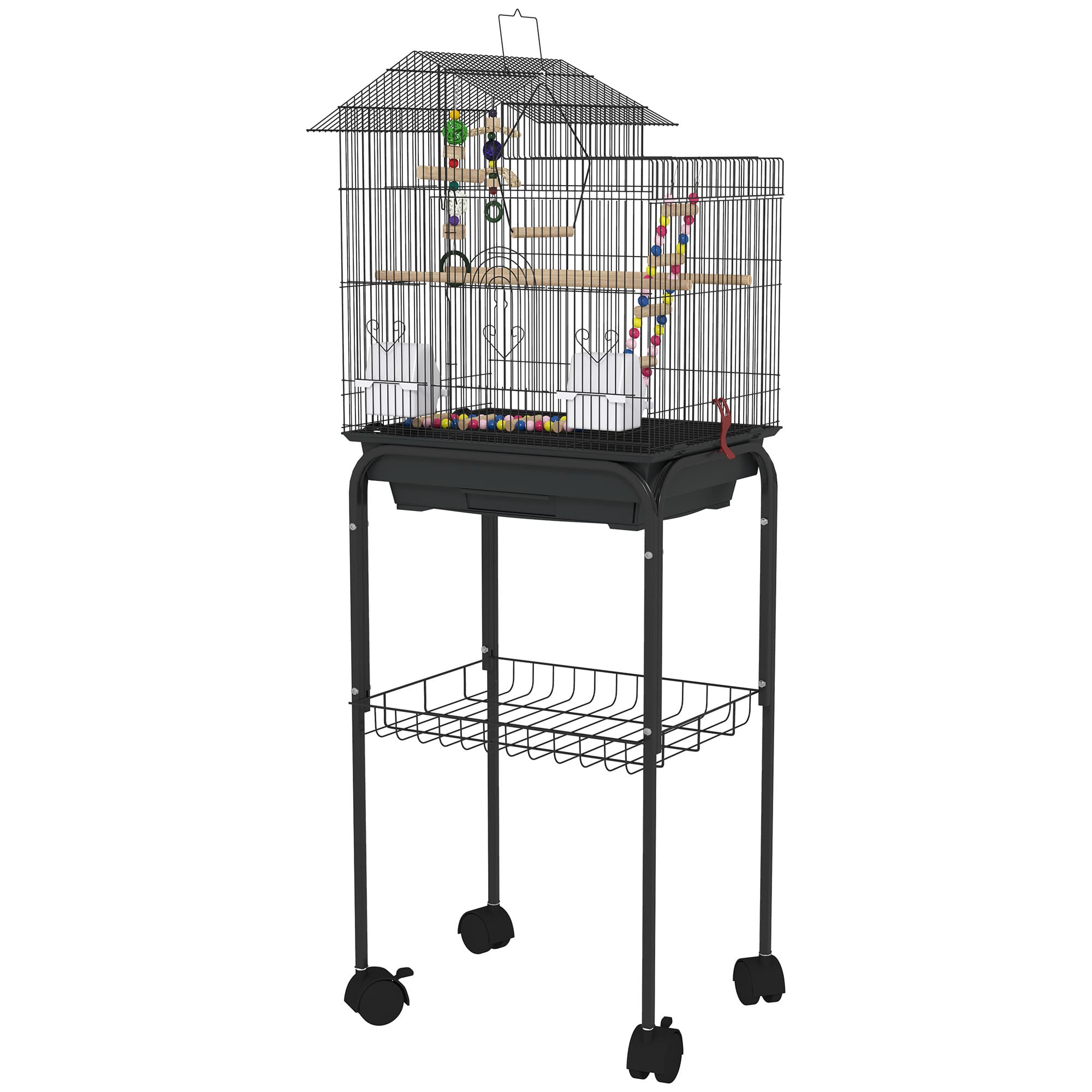 PawHut Cage à oiseaux sur roues 46 x 36 x 120 cm 2 mangeoires 2 perchoirs étagère cage pour perruche calopsitte conure pinson canaris