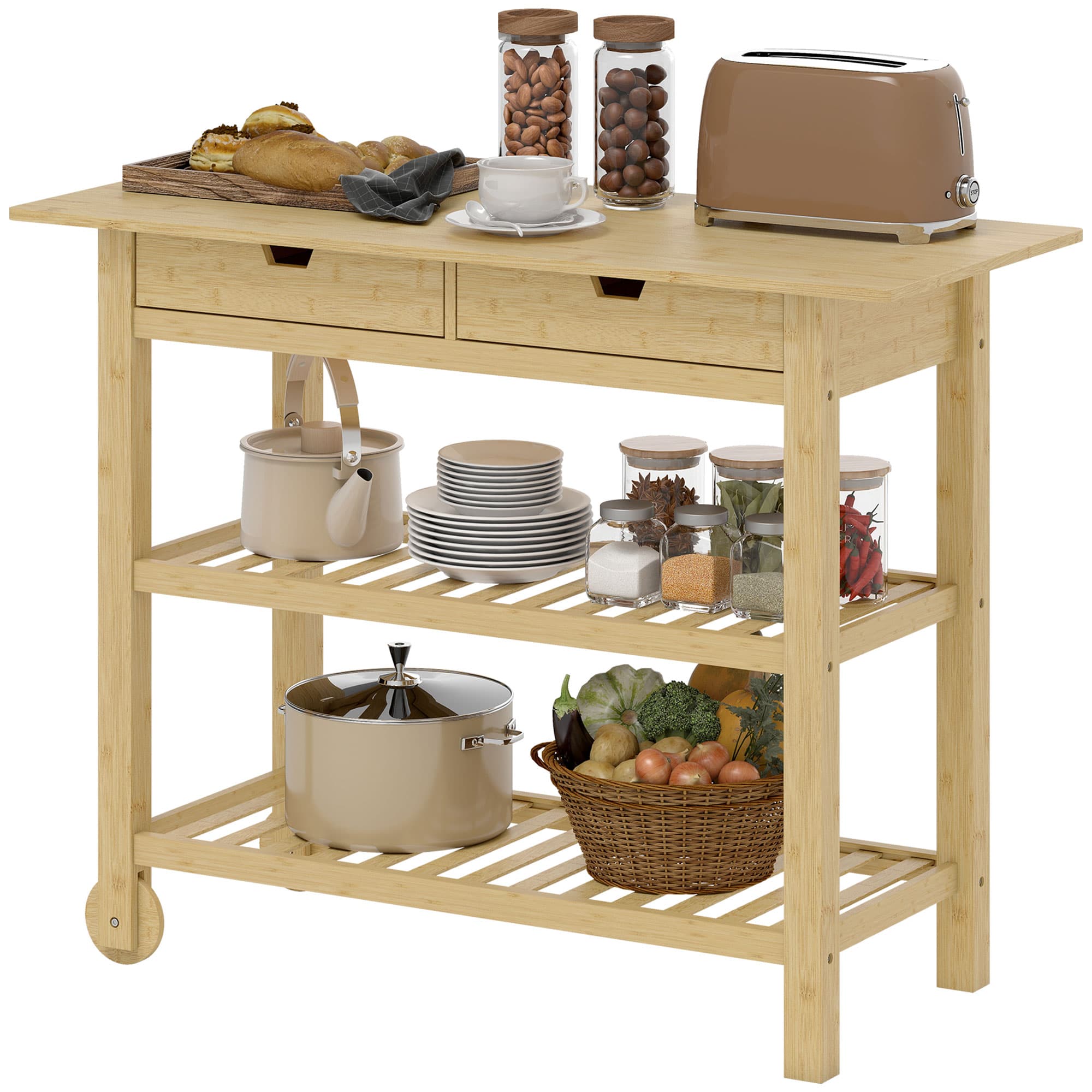 HOMCOM Desserte de cuisine à roulettes en bambou, chariot de cuisine avec 2 tiroirs, 2 étagères, 100 x 43 x 75 cm, bois naturel