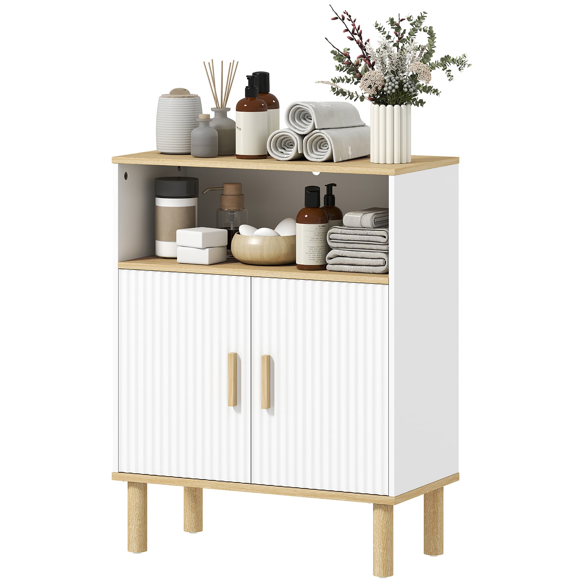 HOMCOM Meuble de salle de bain, meuble de rangement avec 2 portes, compartiment ouvert, étagère réglable, 60x29,5x76,5cm, blanc