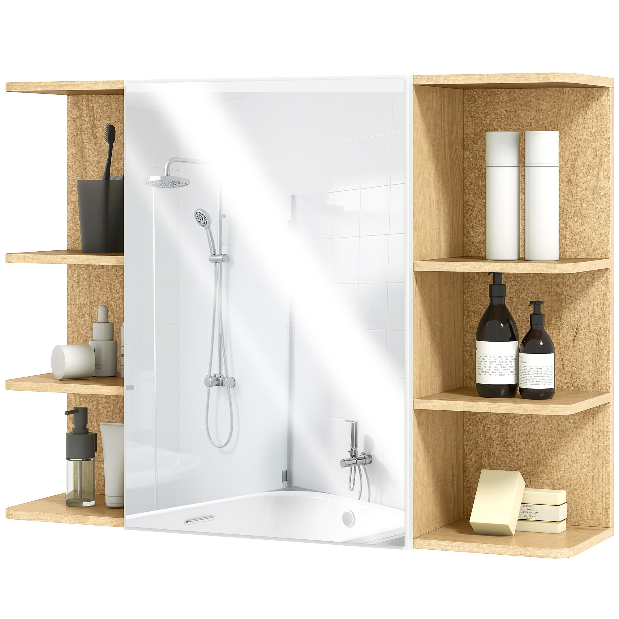 HOMCOM Armoire murale salle de bain avec miroir, meuble salle de bain avec étagères ouvertes, 80 x 20 x 59 cm, bois naturel
