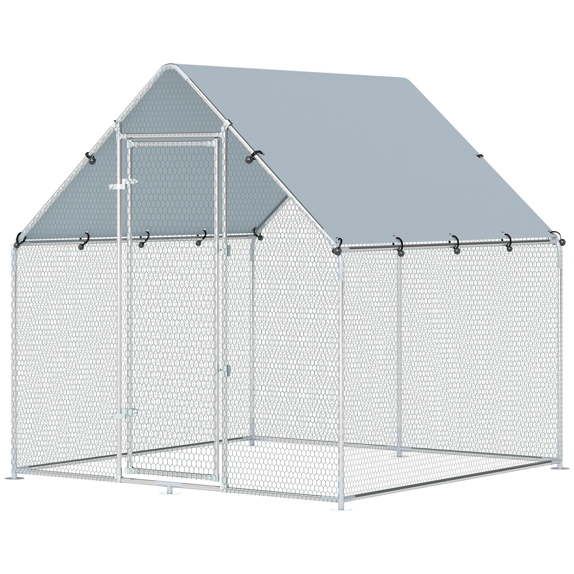 PawHut Enclos poulailler extérieur 4 m2, parc grillagé - acier galvanisé Ø19mm - bâche Oxford 420D anti-UV 200x200x200cm argent