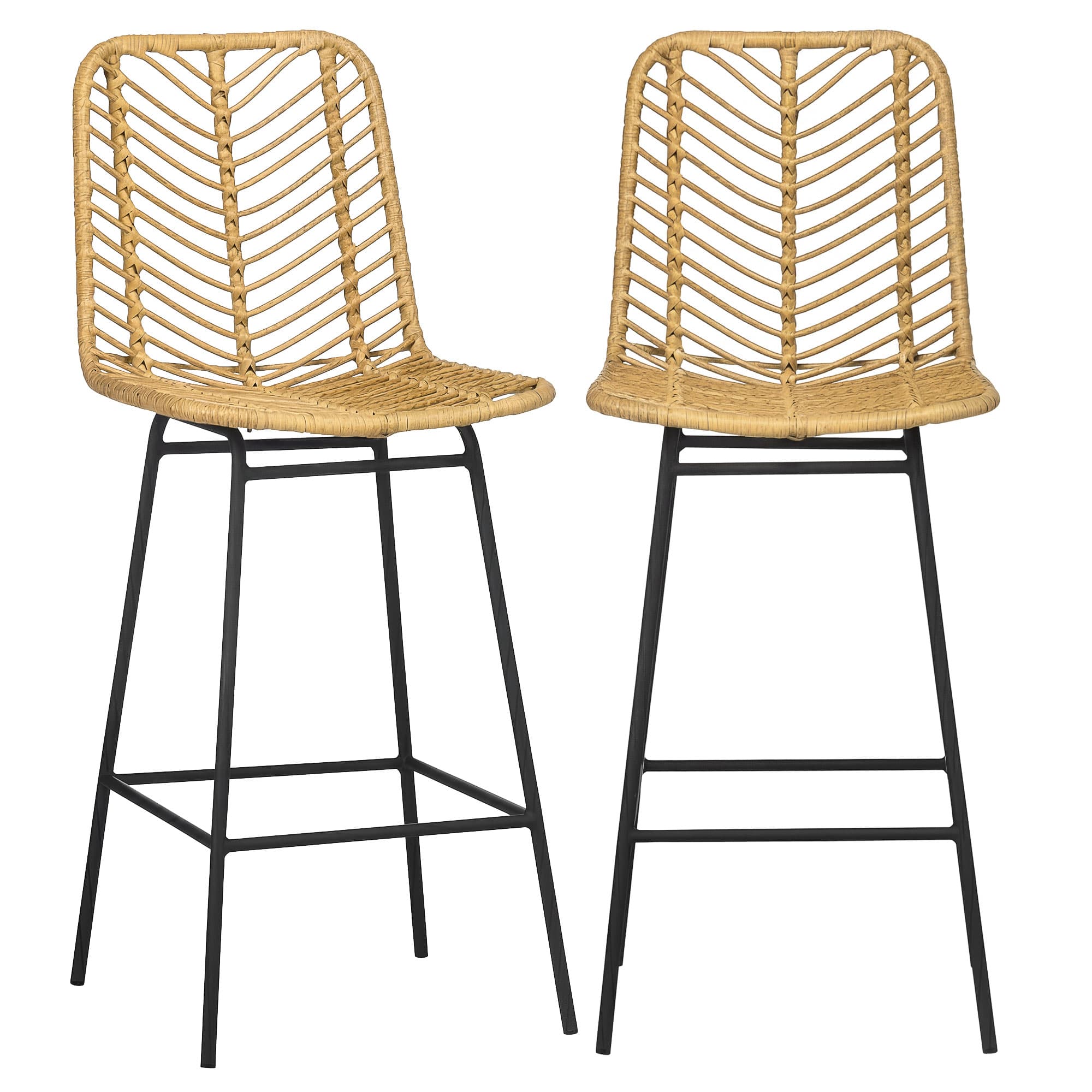 HOMCOM Lot de 2 tabourets de bar design bohème Hauteur 66 cm avec repose-pieds métal et rotin PE - naturel Aosom France