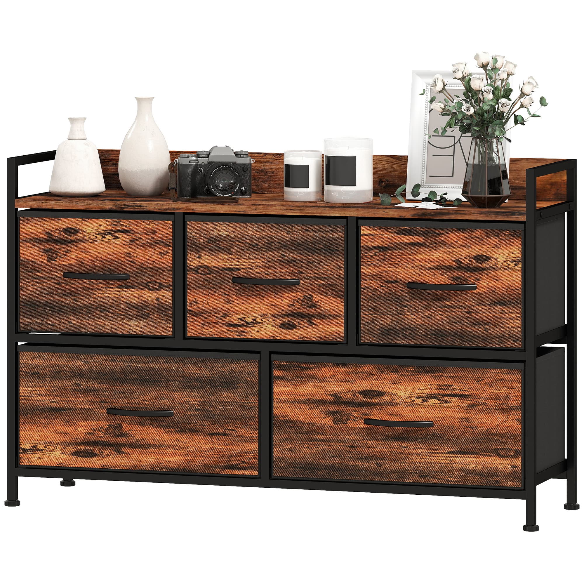 HOMCOM Commode, meuble de rangement avec 5 tiroirs en tissu pliables, plateau et cadre en acier, 98 x 29 x 63 cm, brun rustique