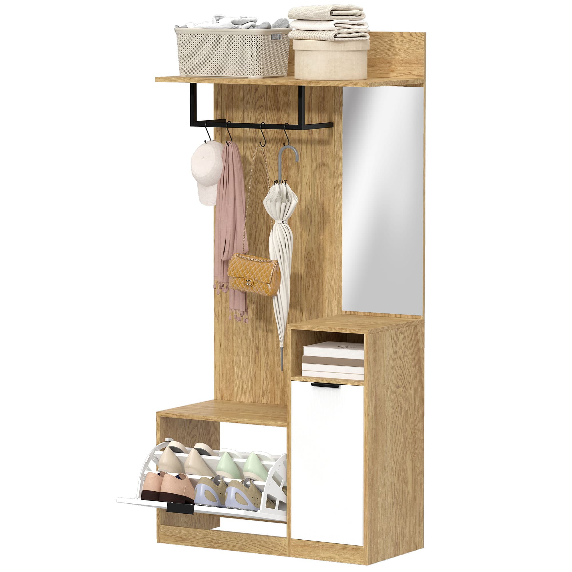 HOMCOM Meuble d'entrée 6 en 1, vestiaire d'entrée avec banc à chaussures rabattable, miroir, 80x37x168cm, chêne