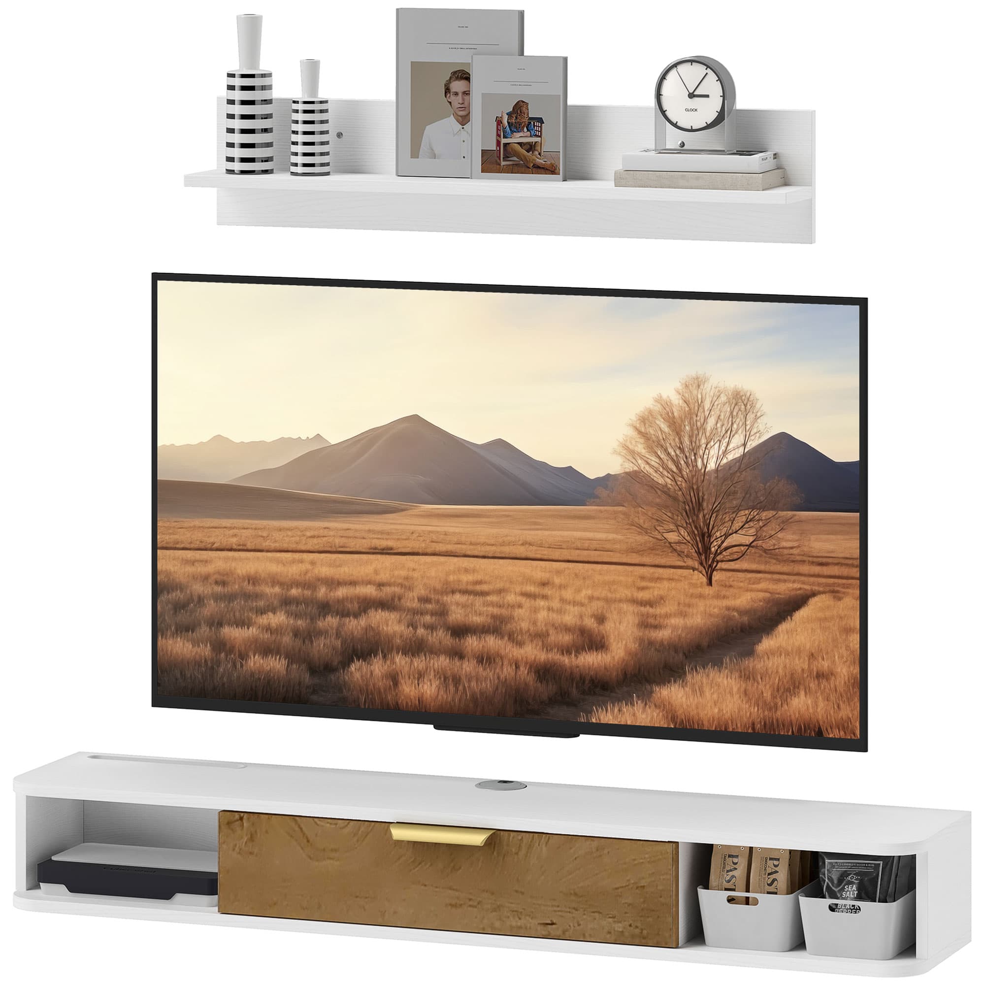 HOMCOM Ensemble meuble TV suspendu avec étagère murale meuble télé bois mural passe-câbles 120 x 24 x 16 cm blanc