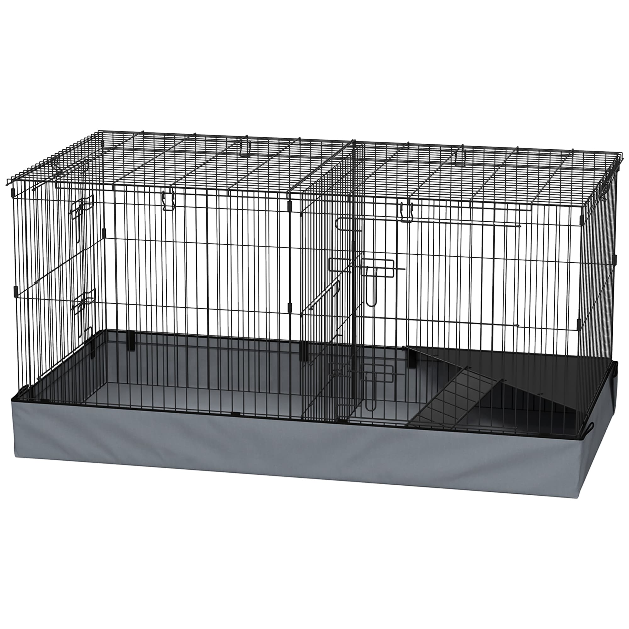 PawHut Cage pour petits animaux 2 en 1 avec dessus amovible enclos lapin 2 zones séparées rampe 121 x 61 x 61 cm en acier noir