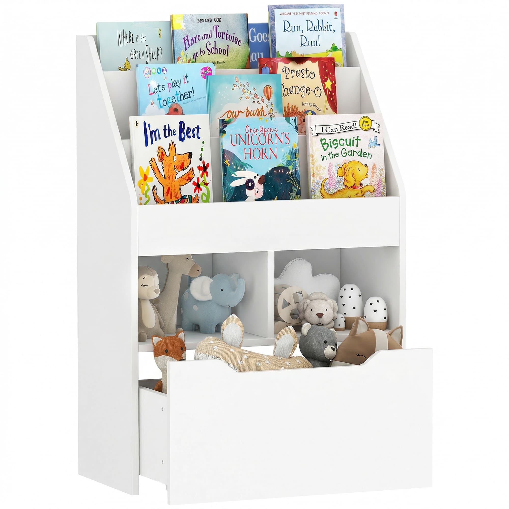HOMCOM Bibliothèque 3 étagères 2 niches tiroir blanc Dim. 60L x 29,9l x 90H cm