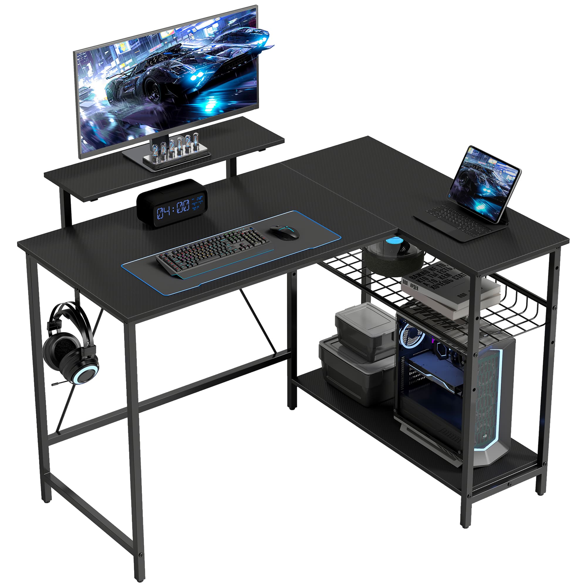 HOMCOM Bureau gaming réversible, bureau gaming d'angle, support pour écran, étagère en maille réglable, 114,5x82x91,5cm, noir