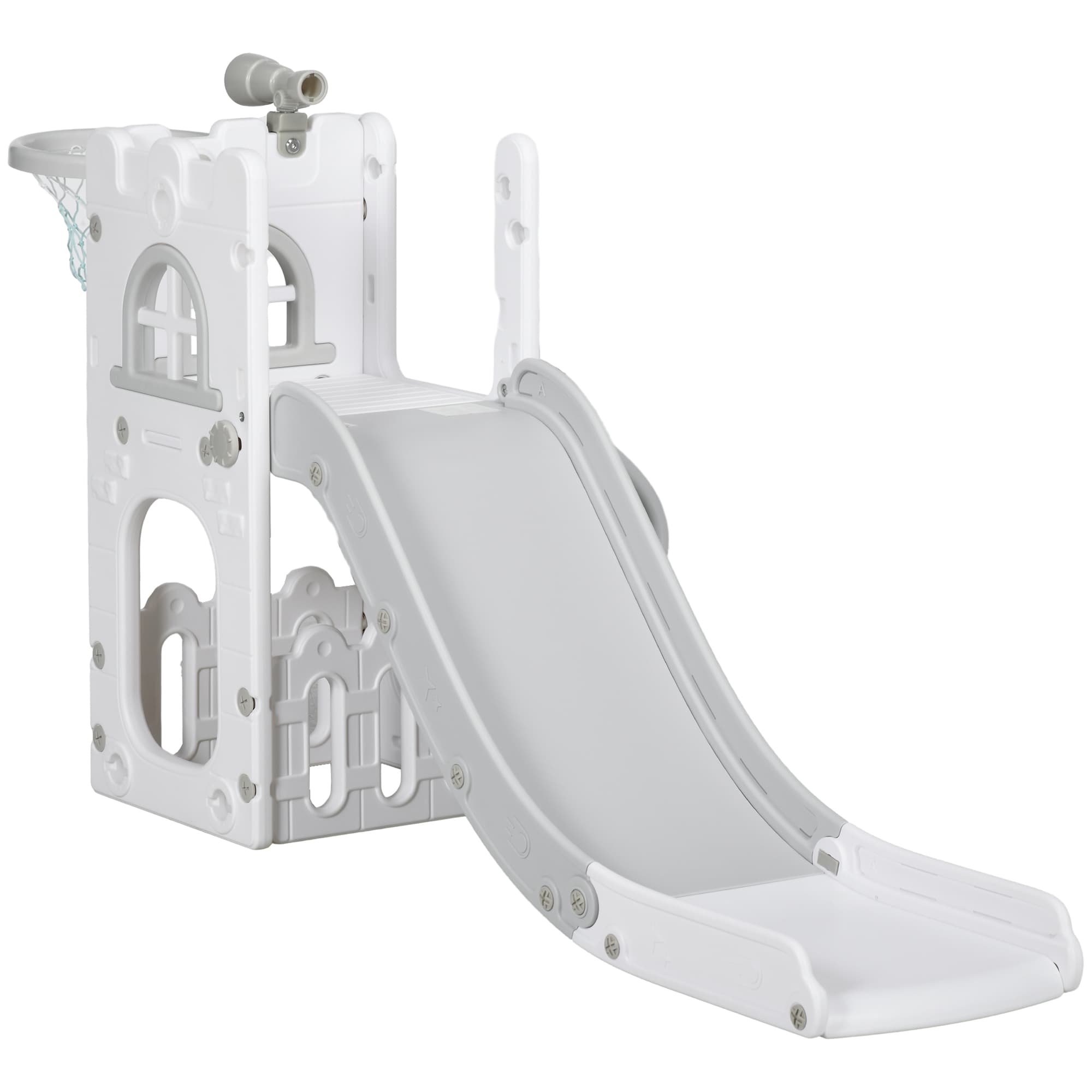 AIYAPLAY Toboggan pour enfants 5 en 1 avec panier de basket escalade télescope espace de rangement 70 x 177 x 92 cm gris