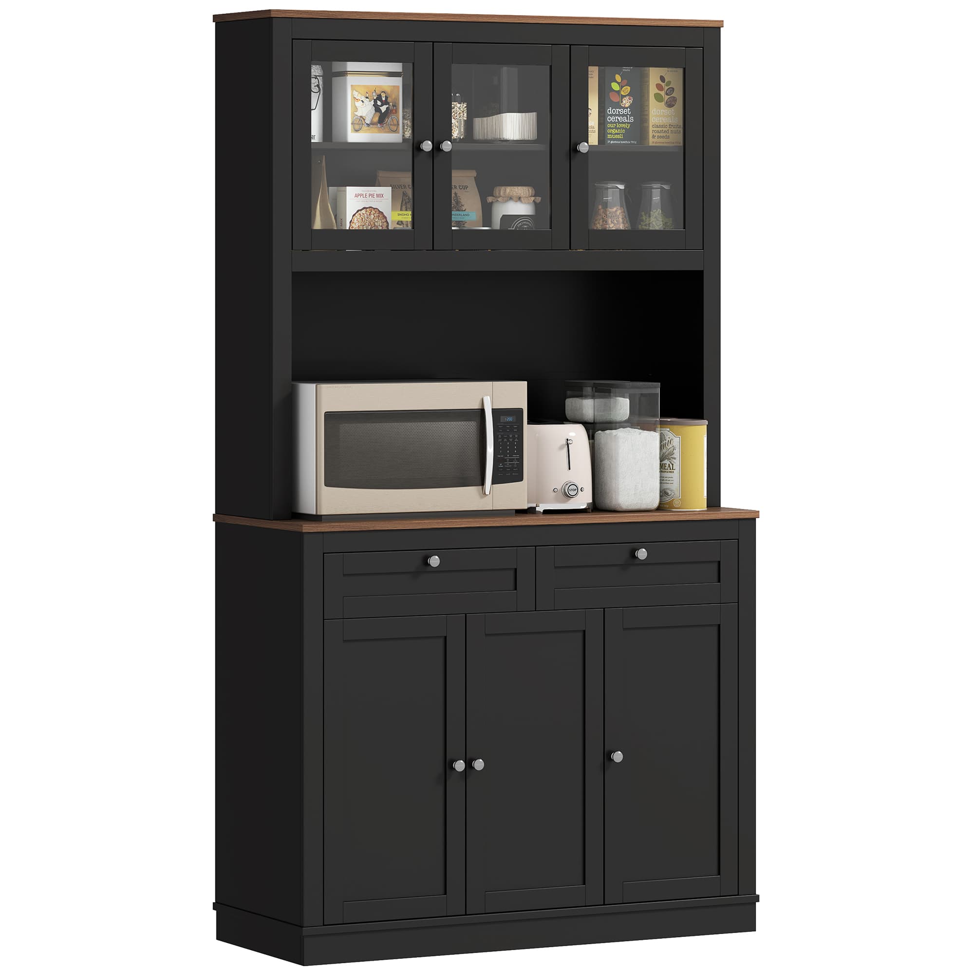HOMCOM Buffet haut cuisine, armoire de cuisine, 6 portes, 2 tiroirs, plan de travail, étagères réglables, 100x40x180cm, noir