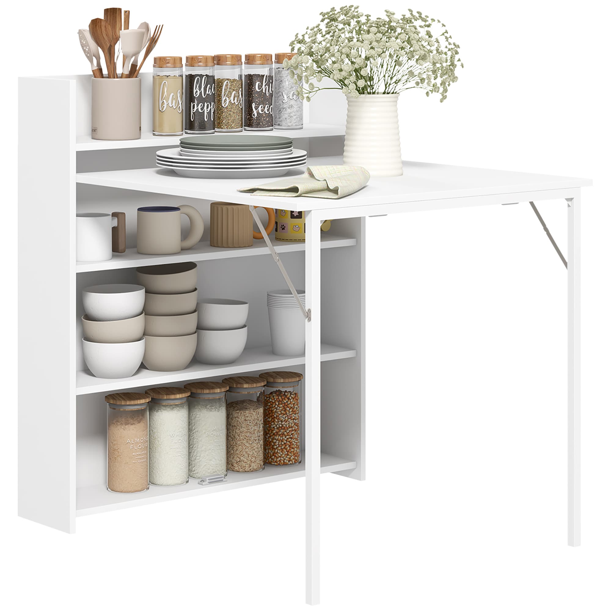 HOMCOM Table à manger pliante, table de cuisine pour 3 personnes, plateau à abattant et 4 étagères, 79x91x93cm, blanc