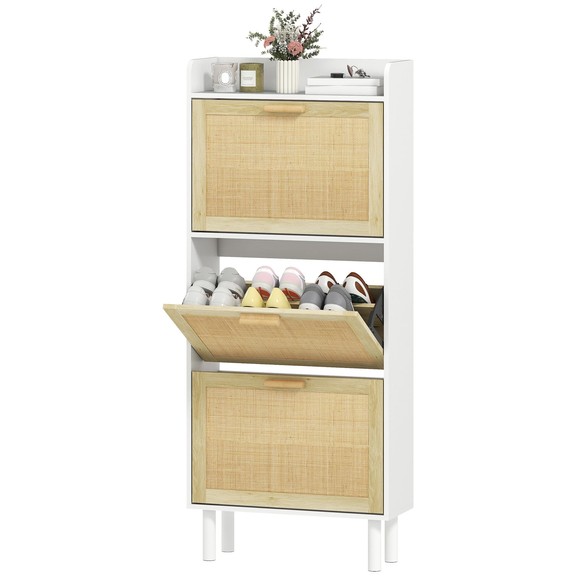 HOMCOM Meuble à chaussures 3 portes abattants étagère effet résine tressée design bohème 65 x 24,5 x 153 cm blanc