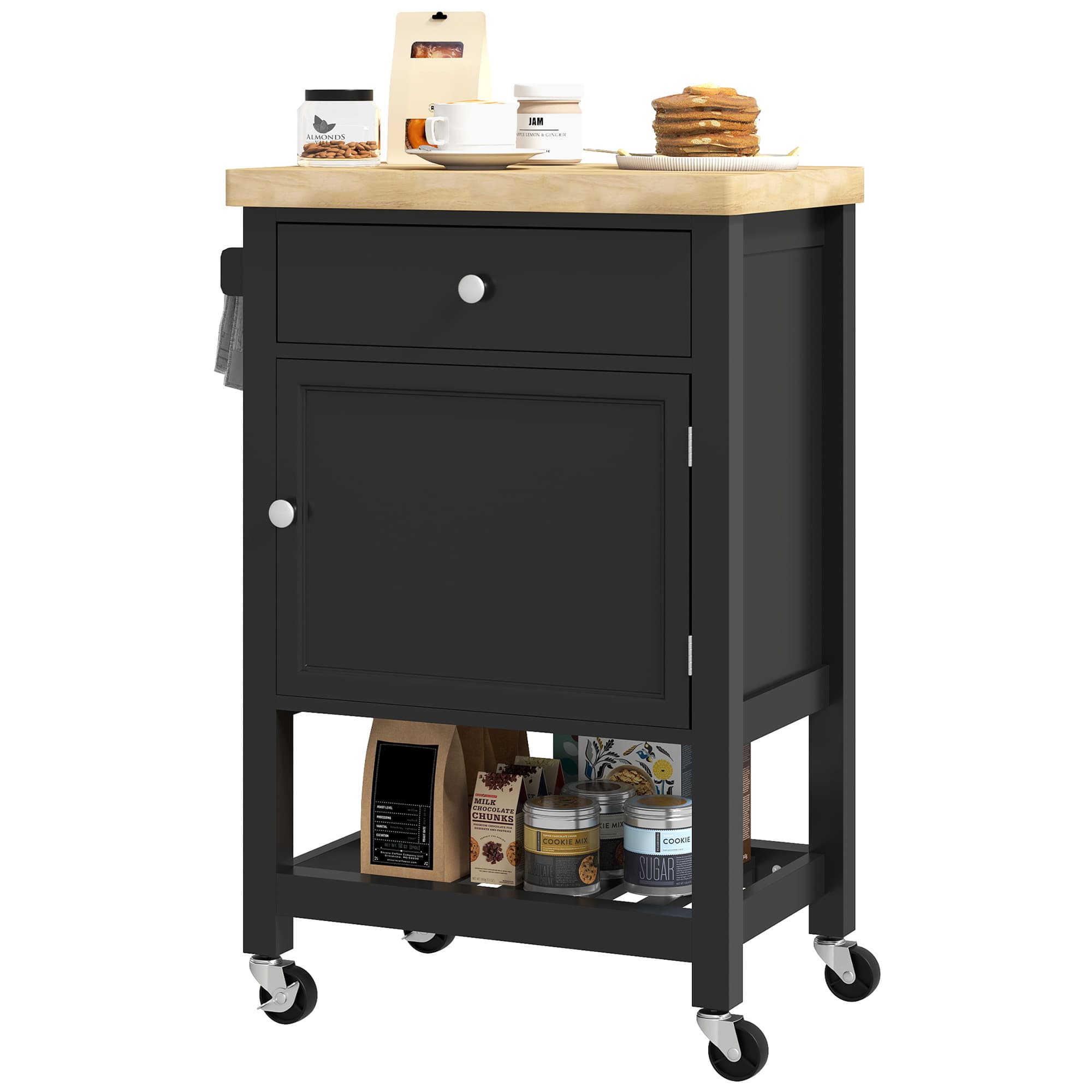 HOMCOM Desserte de cuisine à roulettes, chariot de service, plan de travail en bois d'hévéa, tiroir, 63,5 x 40 x 90 cm, noir