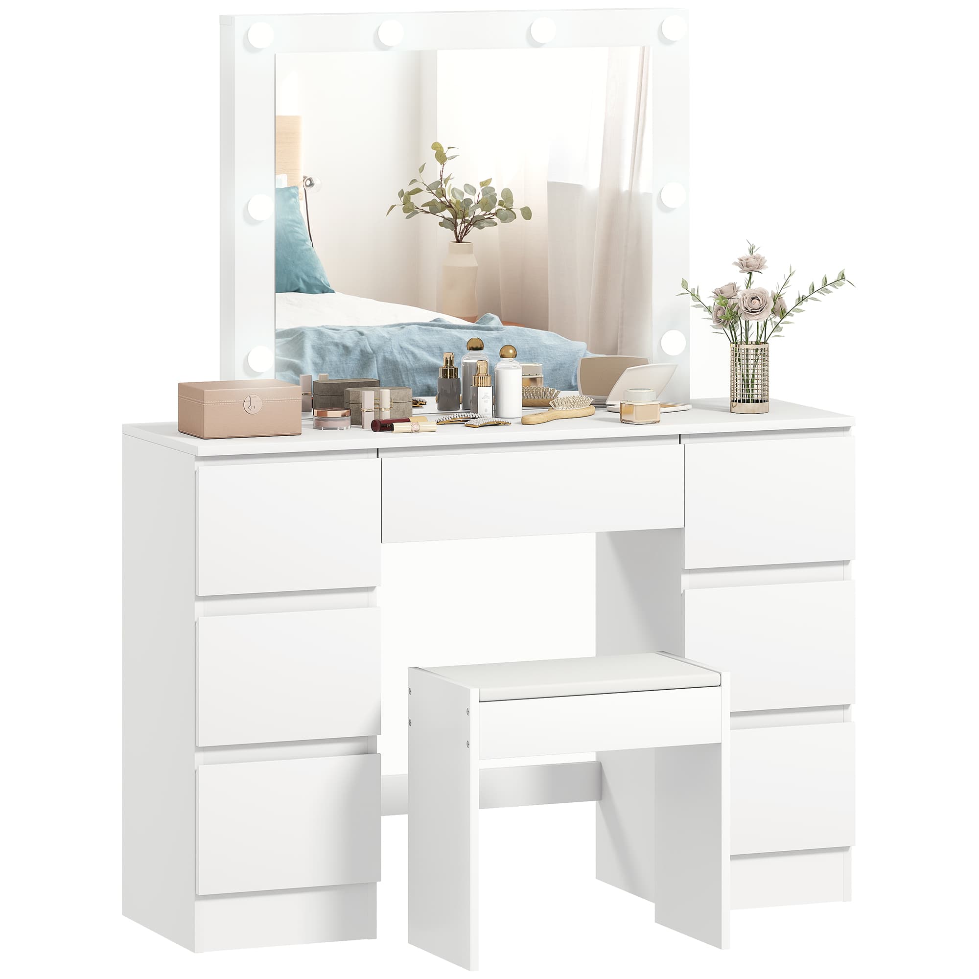 HOMCOM Coiffeuse avec miroir et tabouret table de maquillage avec miroir LED tabouret rembourré 7 tiroirs 110x39,5x140cm blanc