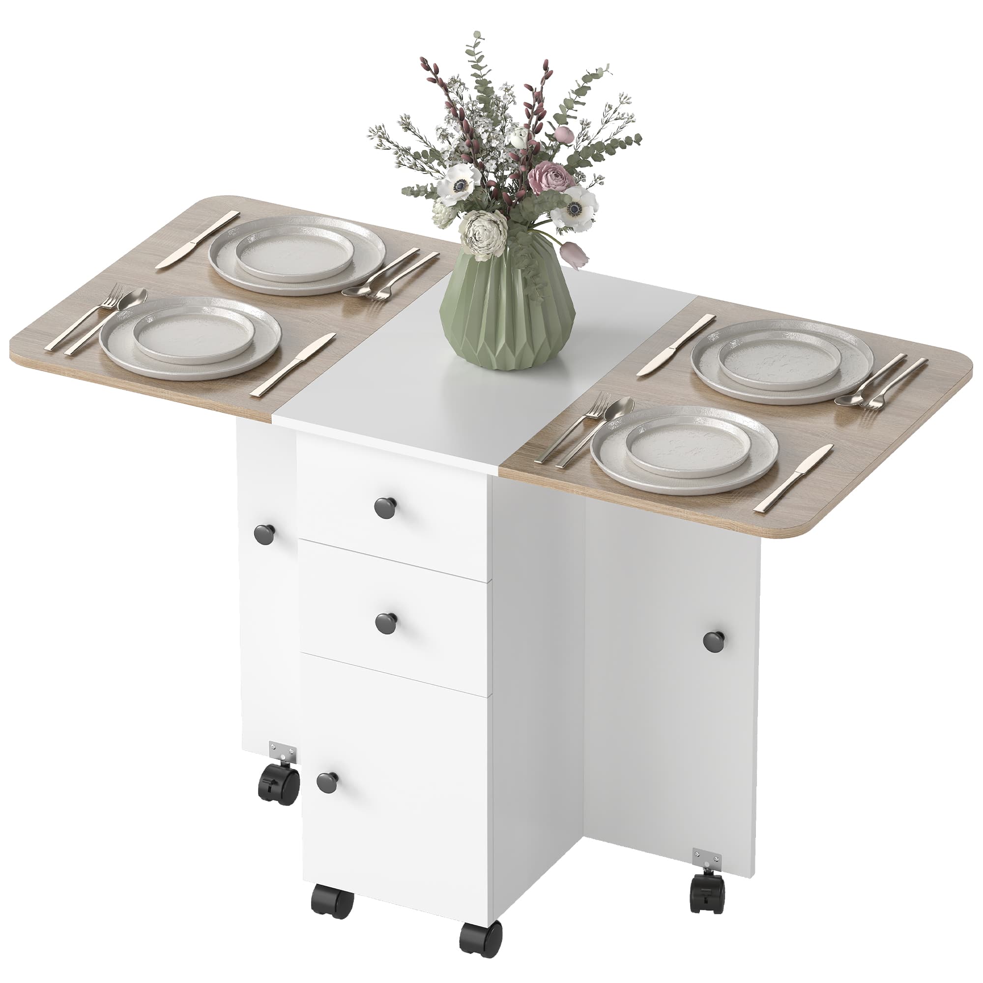 HOMCOM Table de cuisine pliable table à manger pliante 2 plateaux rabattables avec 2 tiroirs 1 placard blanc et chêne