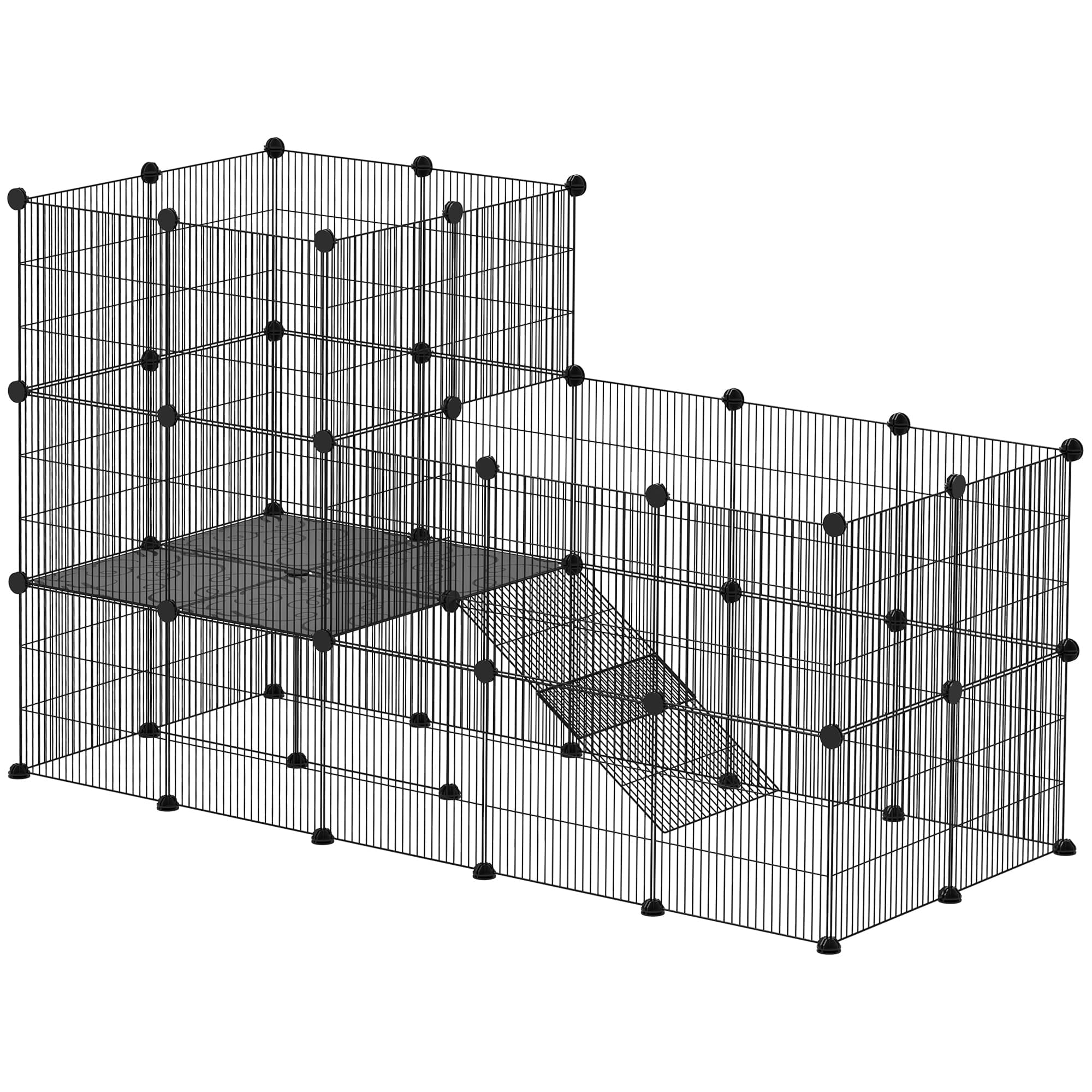 PawHut Enclos pour petits animaux, cage à lapin modulable 2 niveaux, 39 panneaux avec rampe, en acier, 140 x 70 x 105 cm, noir