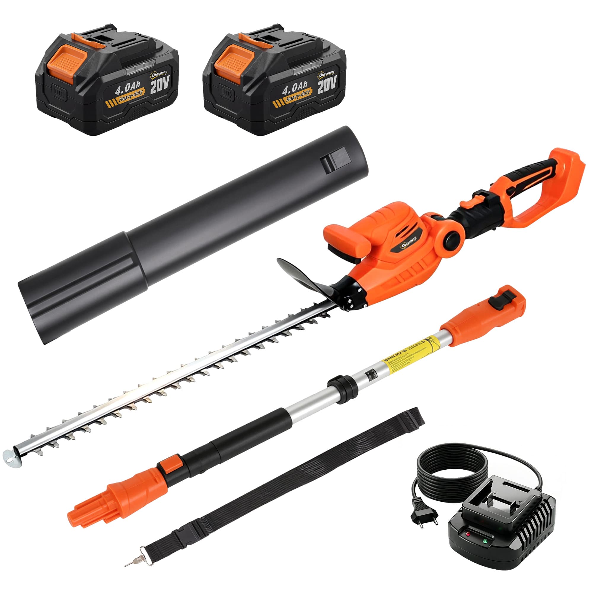 Outsunny Taille-Haies Électrique avec Manche Télescopique Lame 51 cm 2 Batteries 4,0 Ah 112,5x15x14,5cm, Orange