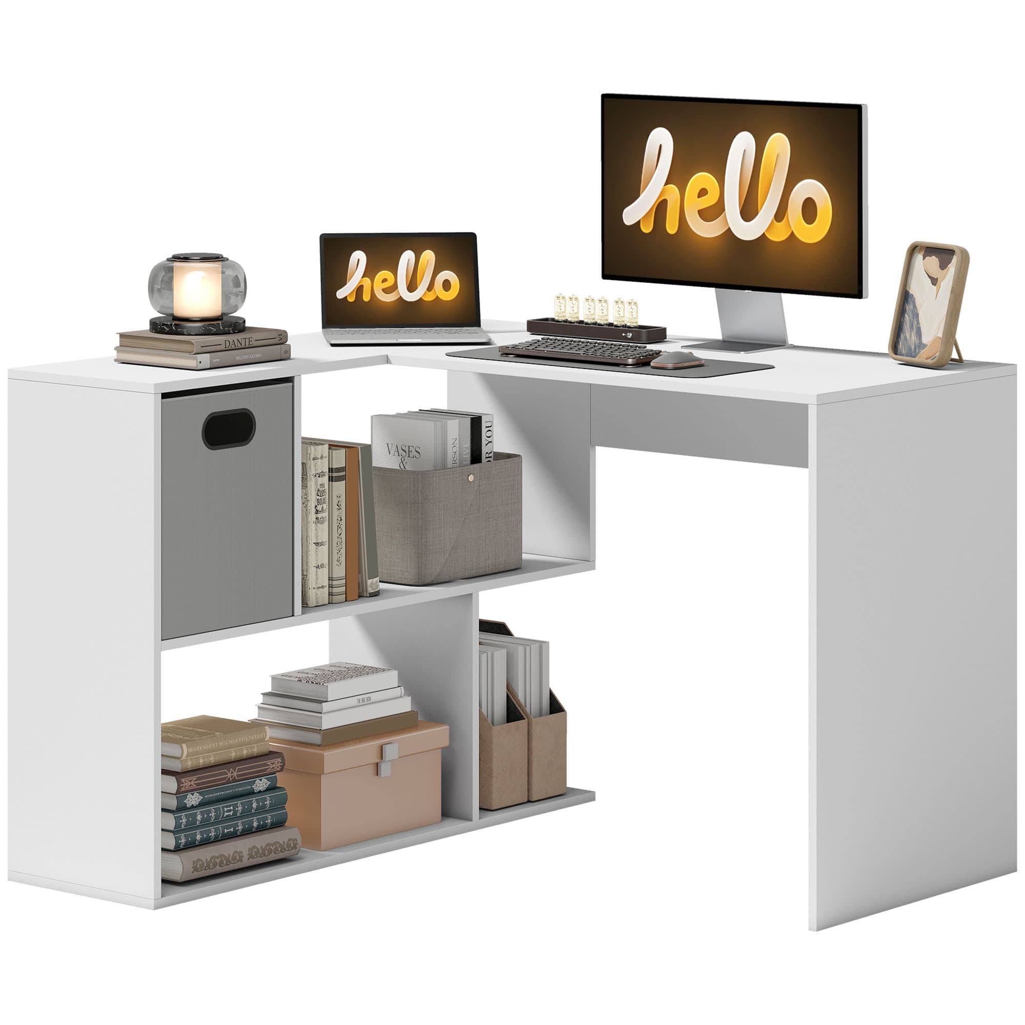 HOMCOM Bureau d'angle, bureau d'ordinateur avec tiroir en tissu et compartiments ouverts, 110 x 100 x 75 cm, blanc