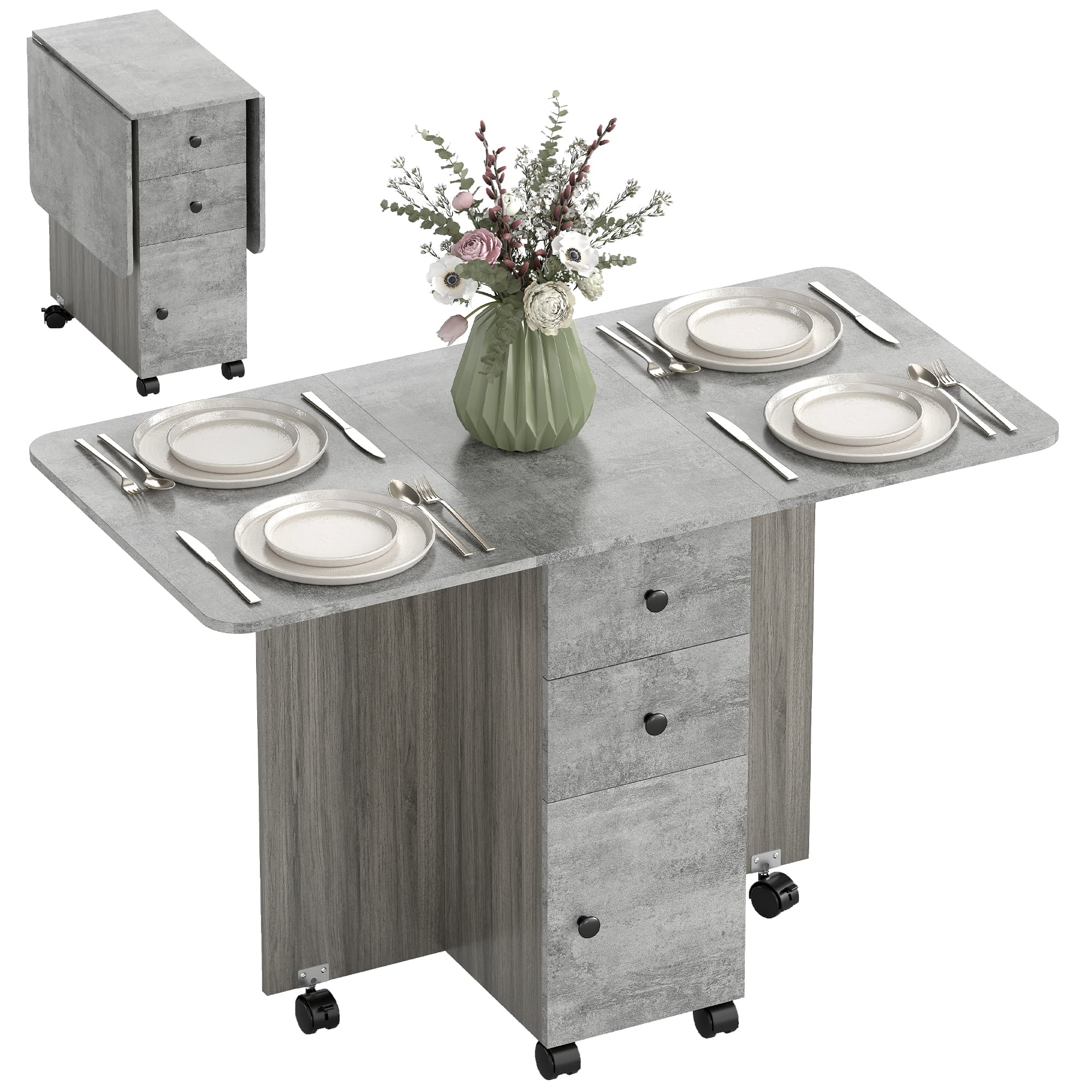 HOMCOM Table de cuisine pliable table à manger pliante 2 plateaux rabattables avec 2 tiroirs 1 placard et 1 étagère de rangement 120x60x76,5cm, gris