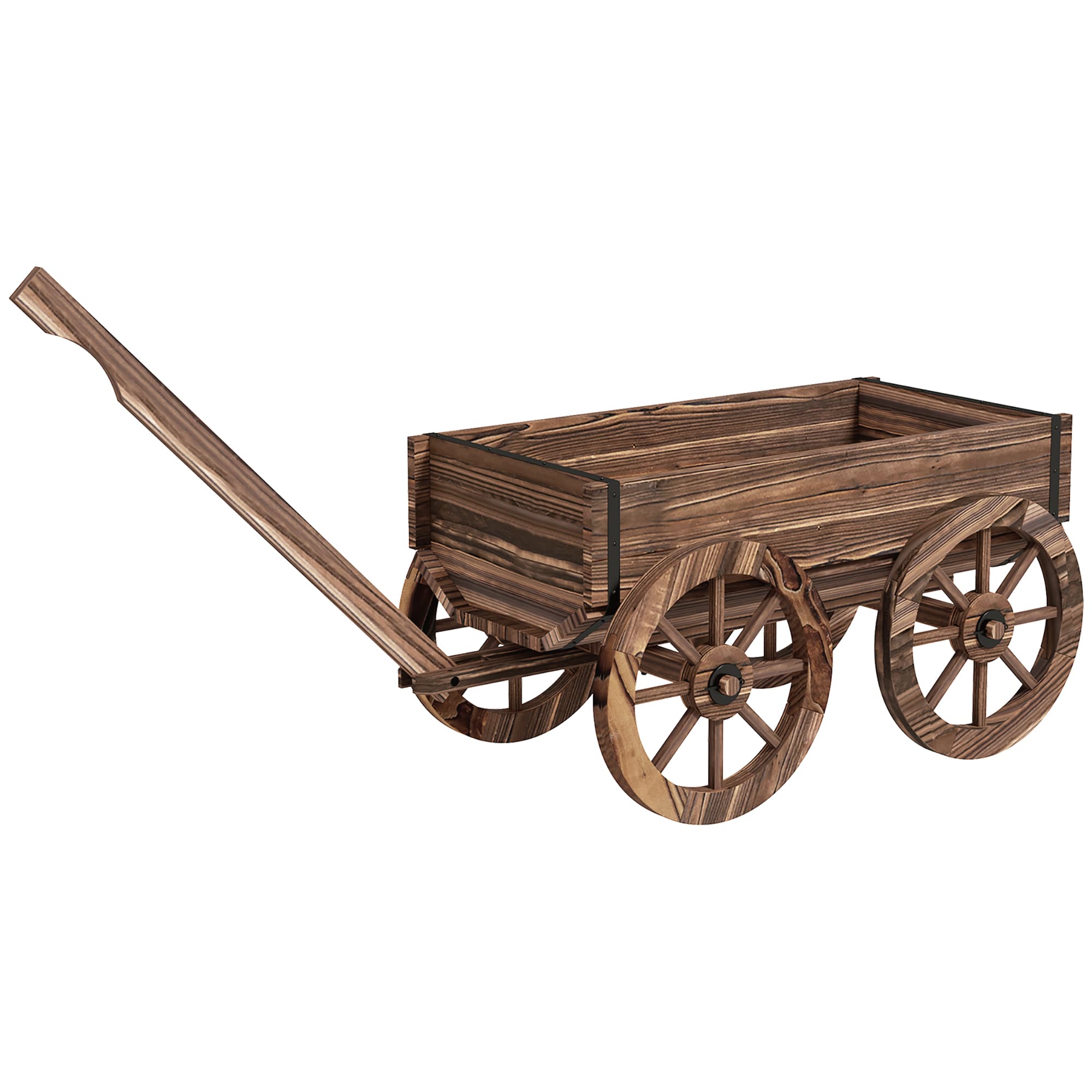 Outsunny Chariot à fleurs en bois avec roues et poignée, bac à fleurs, brouette avec trous de drainage, 120 x 41 x 54 cm, marron