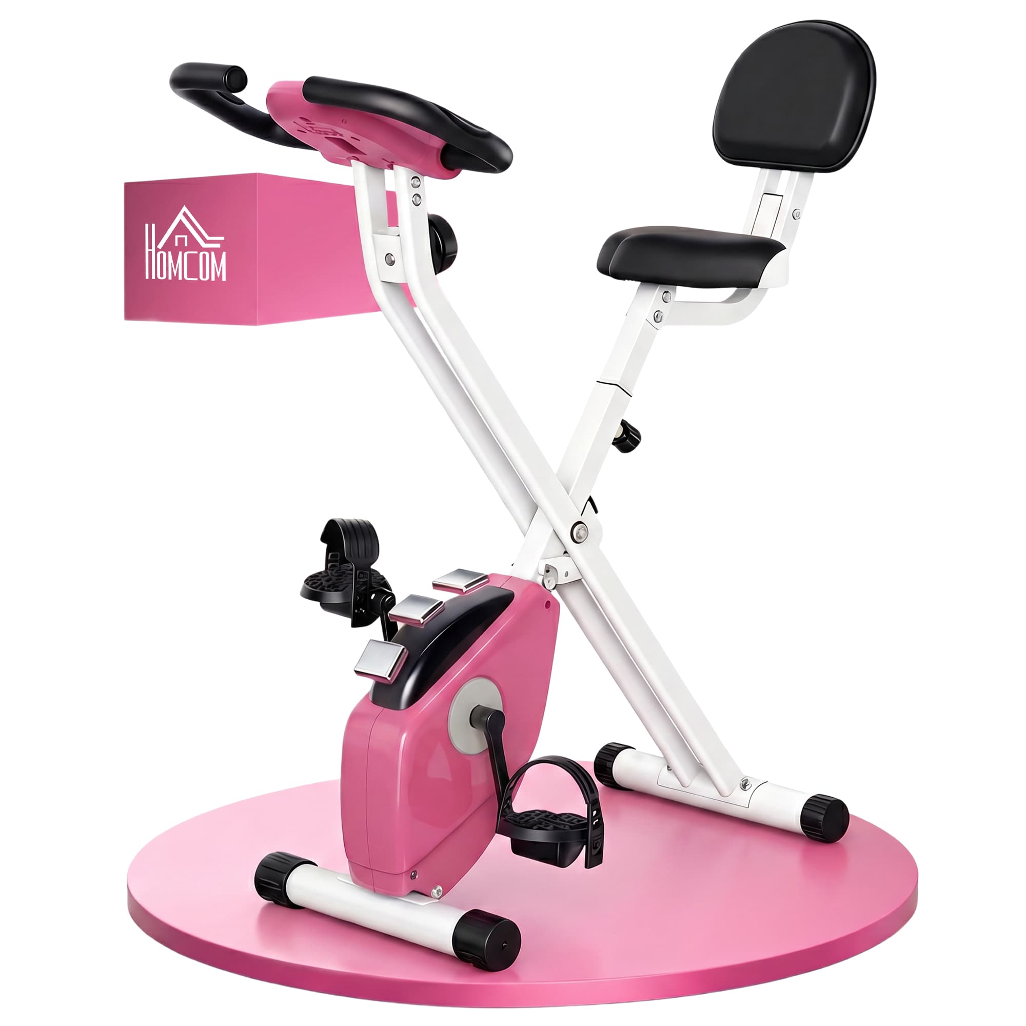 HOMCOM Vélo d'appartement pliable vélo de fitness vélo d'intérieur 8 niveaux de résistance magnétique avec dossier selle réglable écran LCD multifonction capteur fréquence cardiaque rose