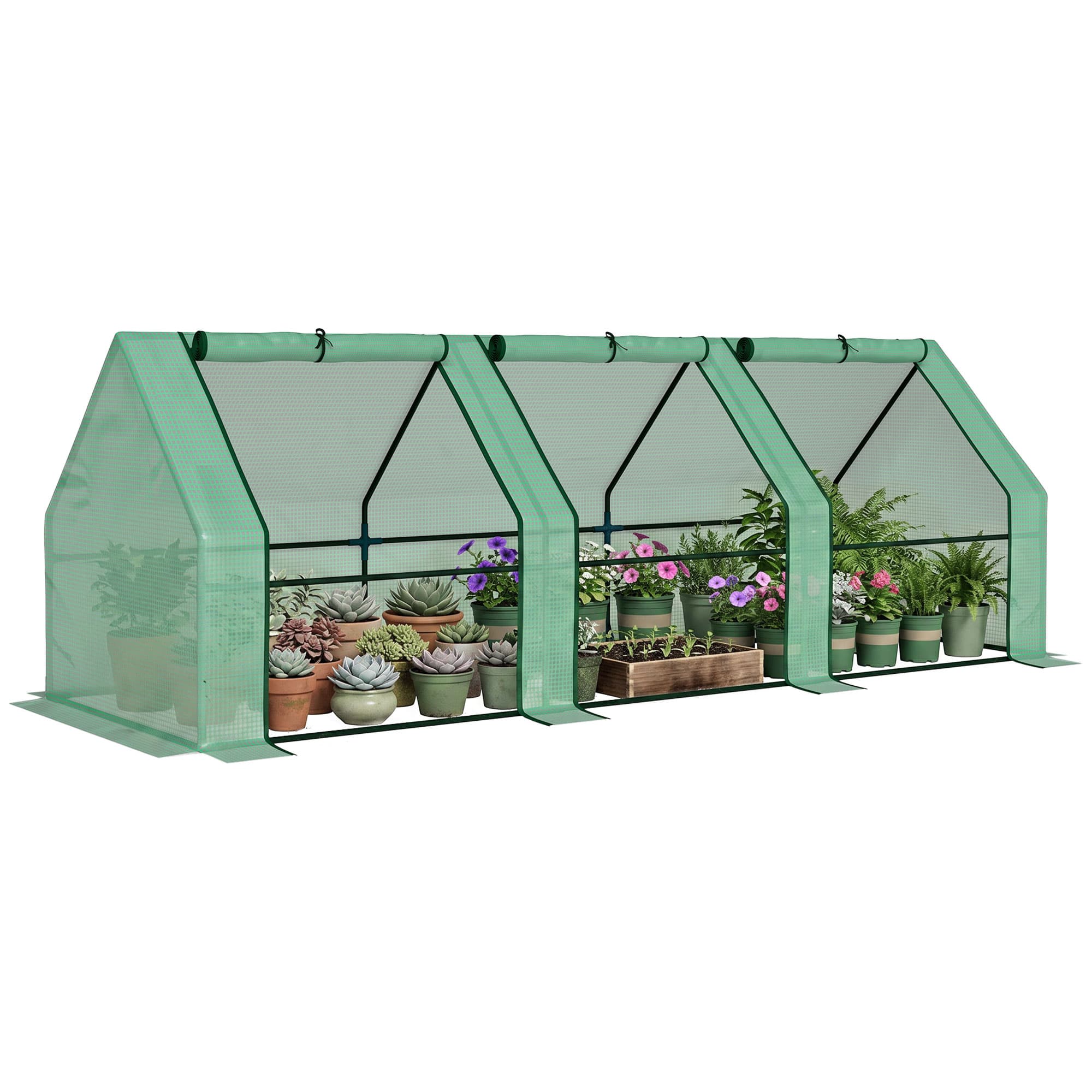 Outsunny Mini Serre de Jardin 270L x 90l x 90H cm Acier PE Haute densité 140 g/m2 Anti-UV 3 fenêtres avec Zip enroulables Vert