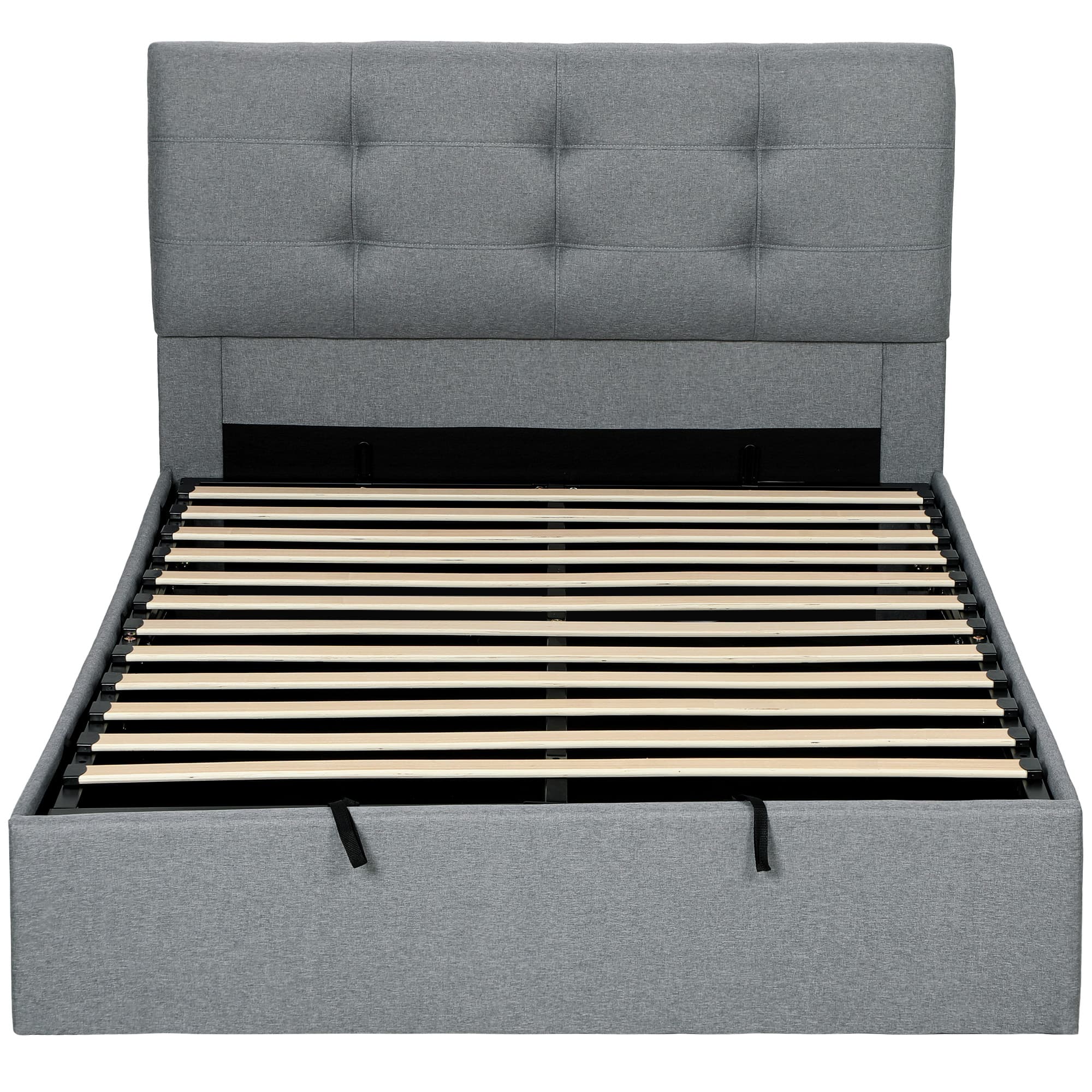 HOMCOM Lit coffre 140x190, cadre de lit double rembourré avec sommier à lattes en bois et rangement cach, sans matelas, gris