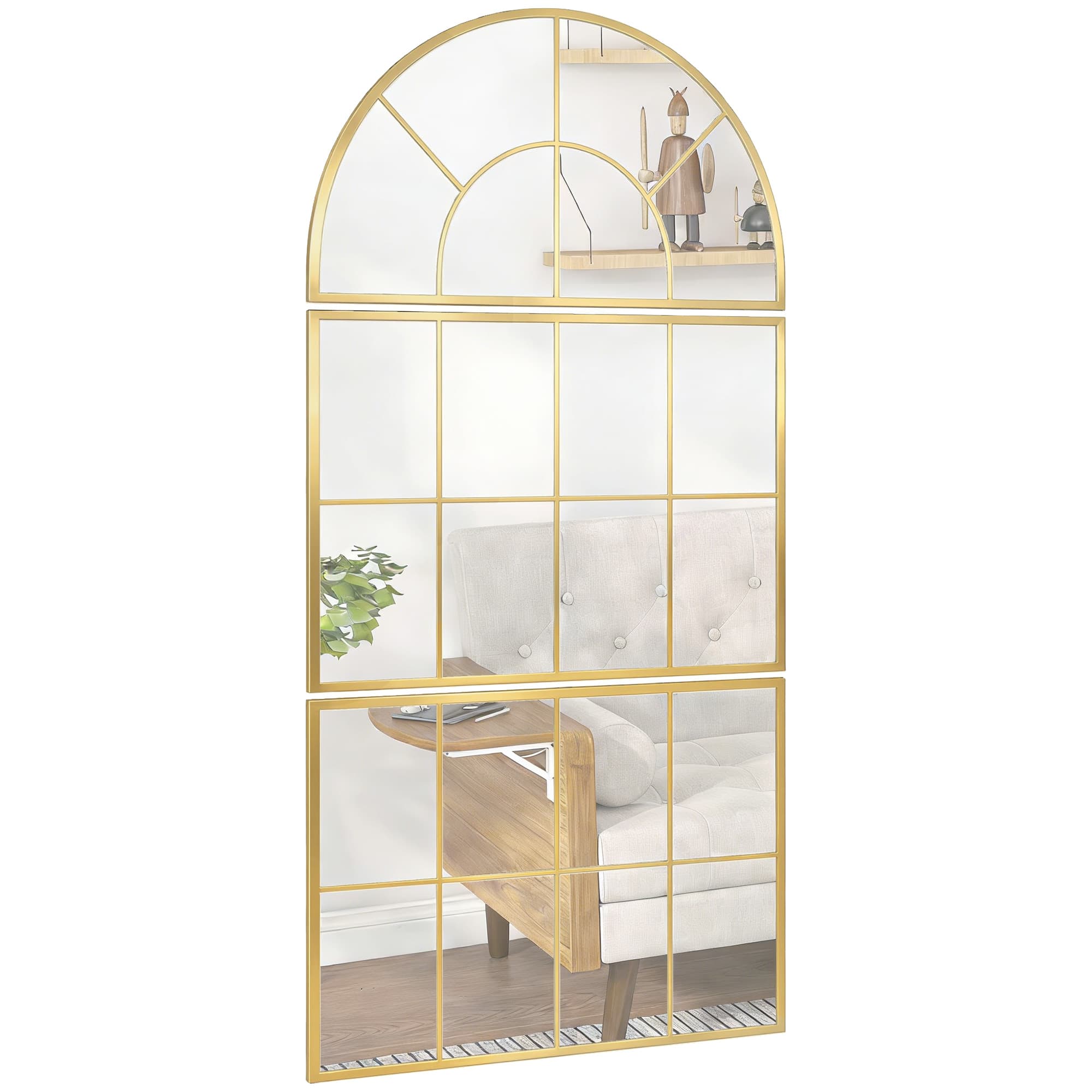 HOMCOM Miroir mural arqué miroir mural en forme de fenêtre ensemble de 3 pièces cadre en métal 76 x 150 cm doré