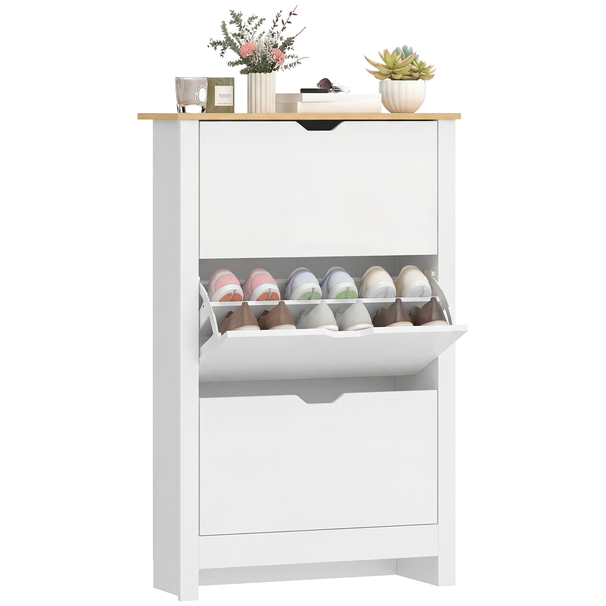 HOMCOM Armoire à Chaussures 3 Portes abattantes 2 Compartiments Panneaux Particules Blanc chêne