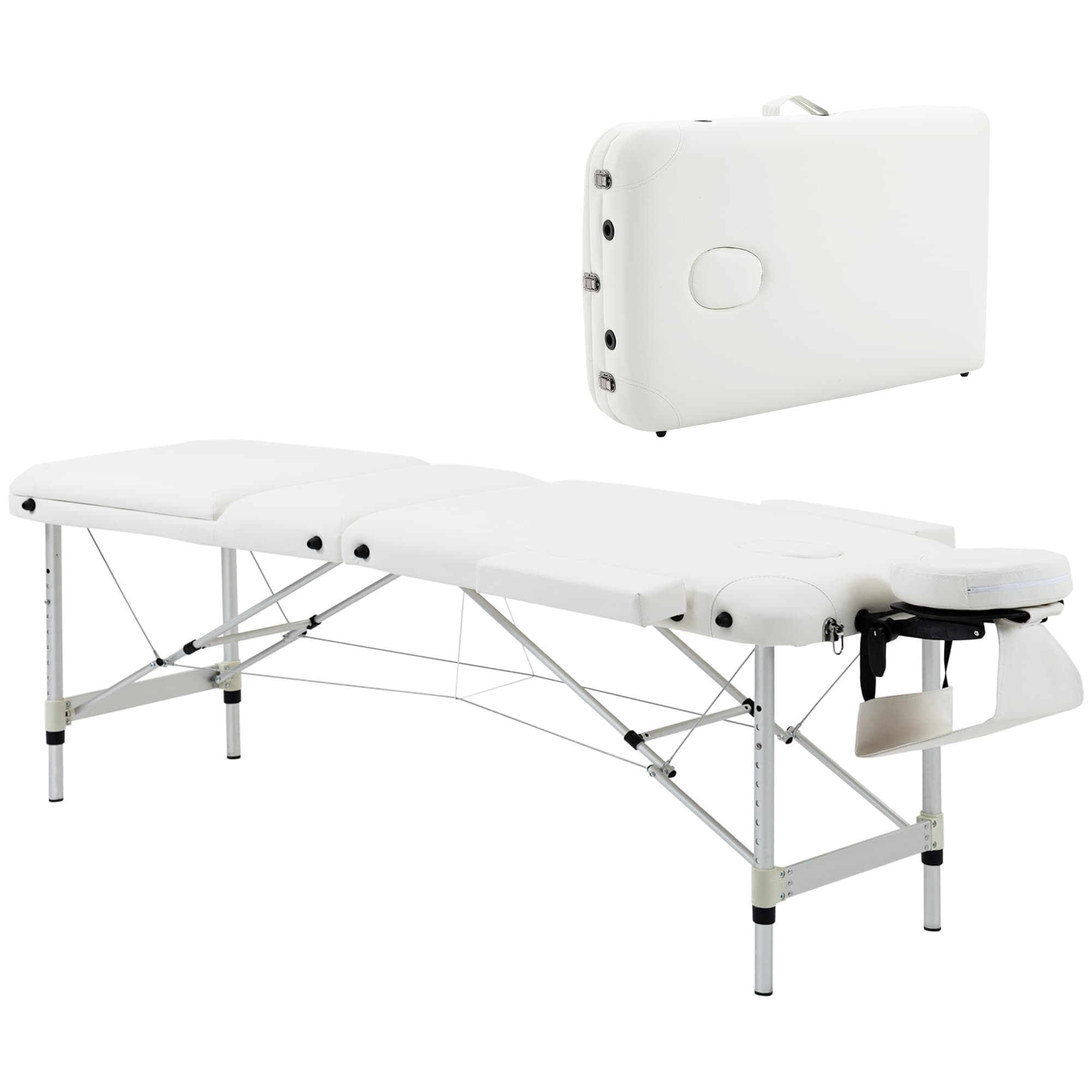 HOMCOM Table de massage 3 zones pliante cosmétique portable charge max. 225 Kg hauteur réglable cadre en alliage blanc