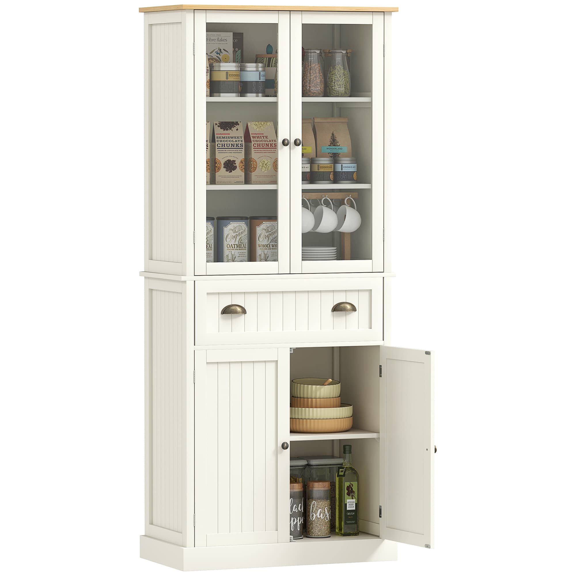 HOMCOM Meuble salle de bain armoire de cuisine 4 portes dont 2 portes vitrées et 1 tiroir hauteur 182,5 cm avec étagères MDF beige Aosom France