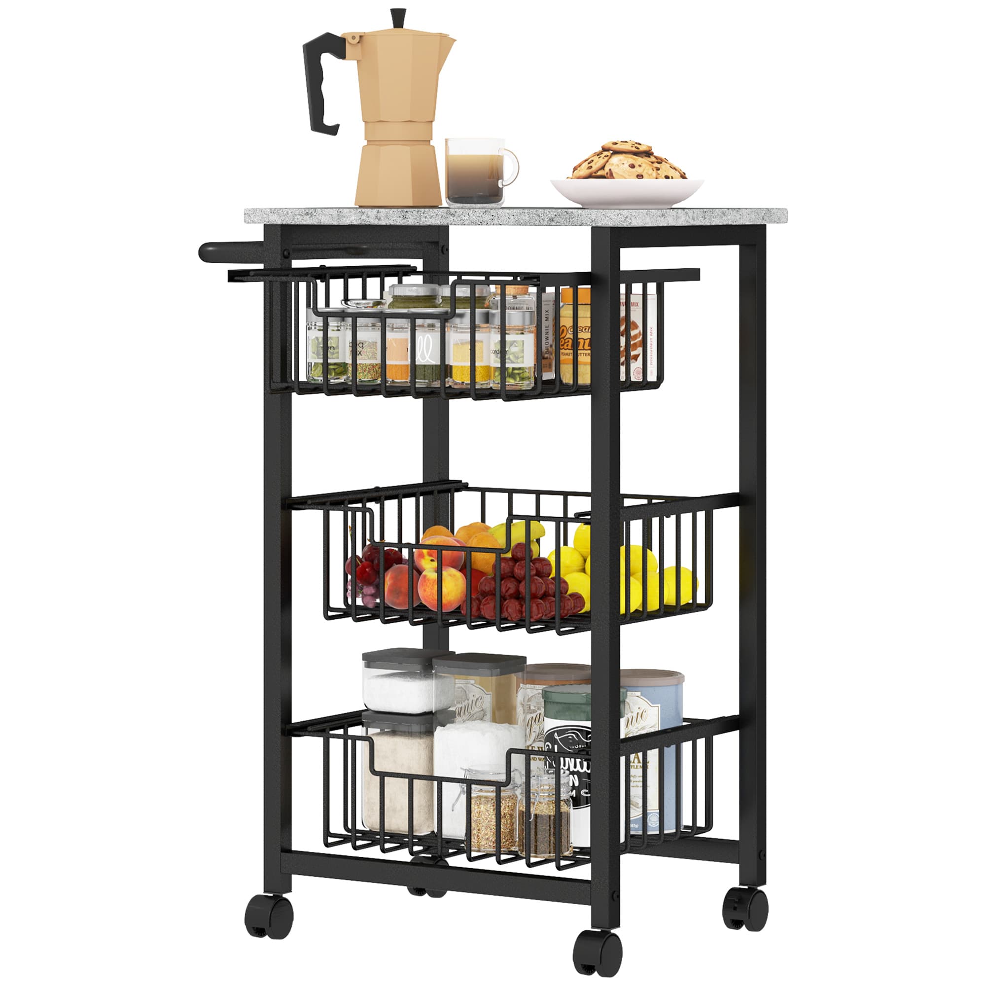 HOMCOM Chariot de rangement à 4 niveaux, desserte à roulettes, 3 paniers coulissants et plateau, 49,5x31x69cm, chêne et noir
