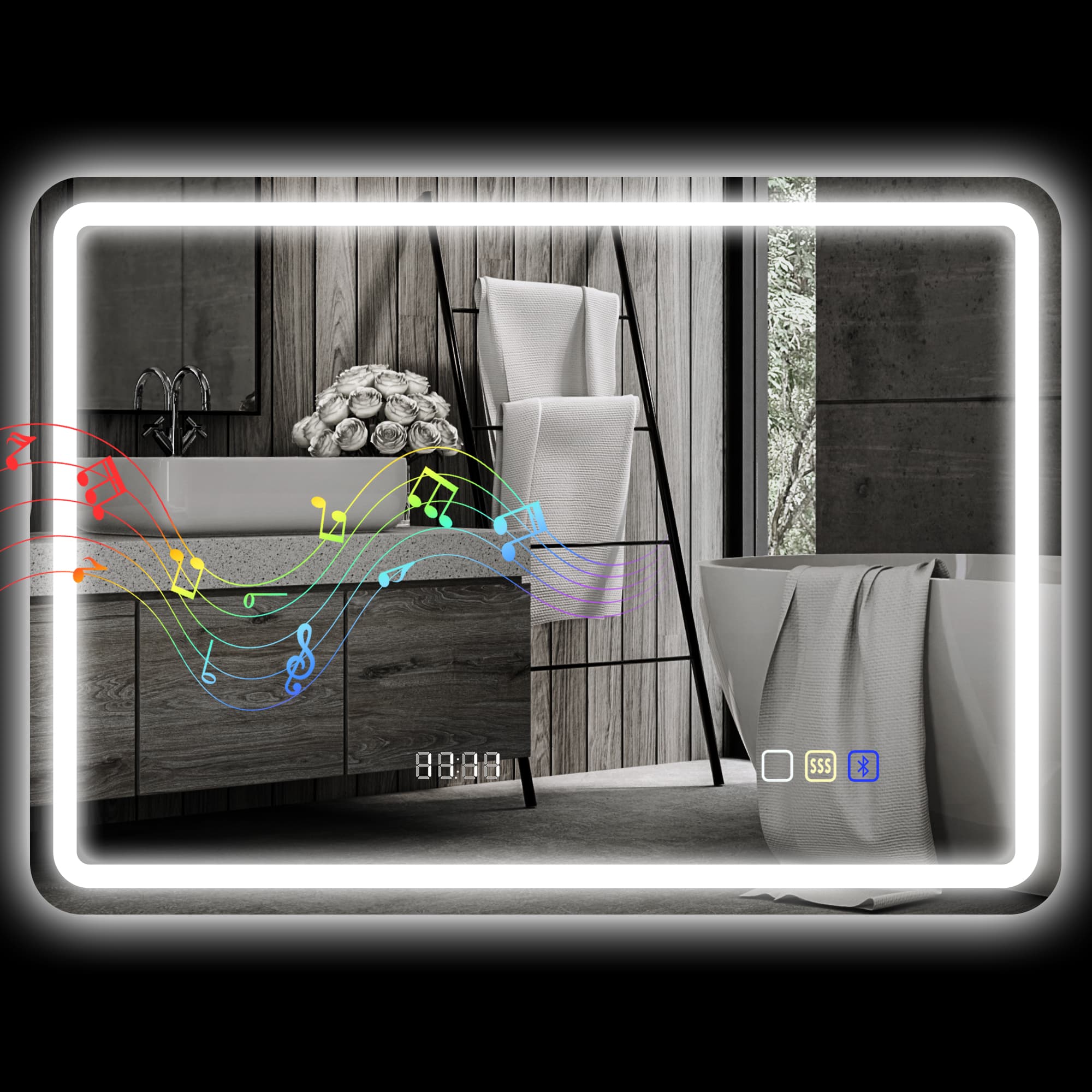 HOMCOM Miroir salle de bain Bluetooth avec éclairage LED 50 x 70 cm, miroir lumineux mural avec horloge, antibuée, argenté