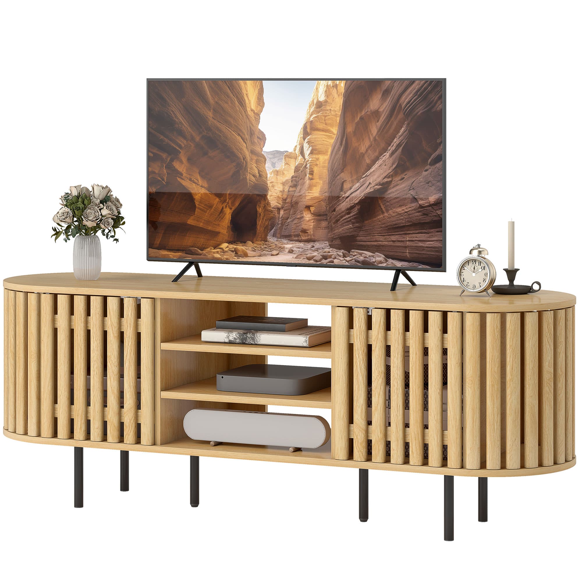 HOMCOM Meuble TV, meuble télé pour téléviseur 60 pouces, 2 portes à lattes, 140x40x52cm, bois naturel