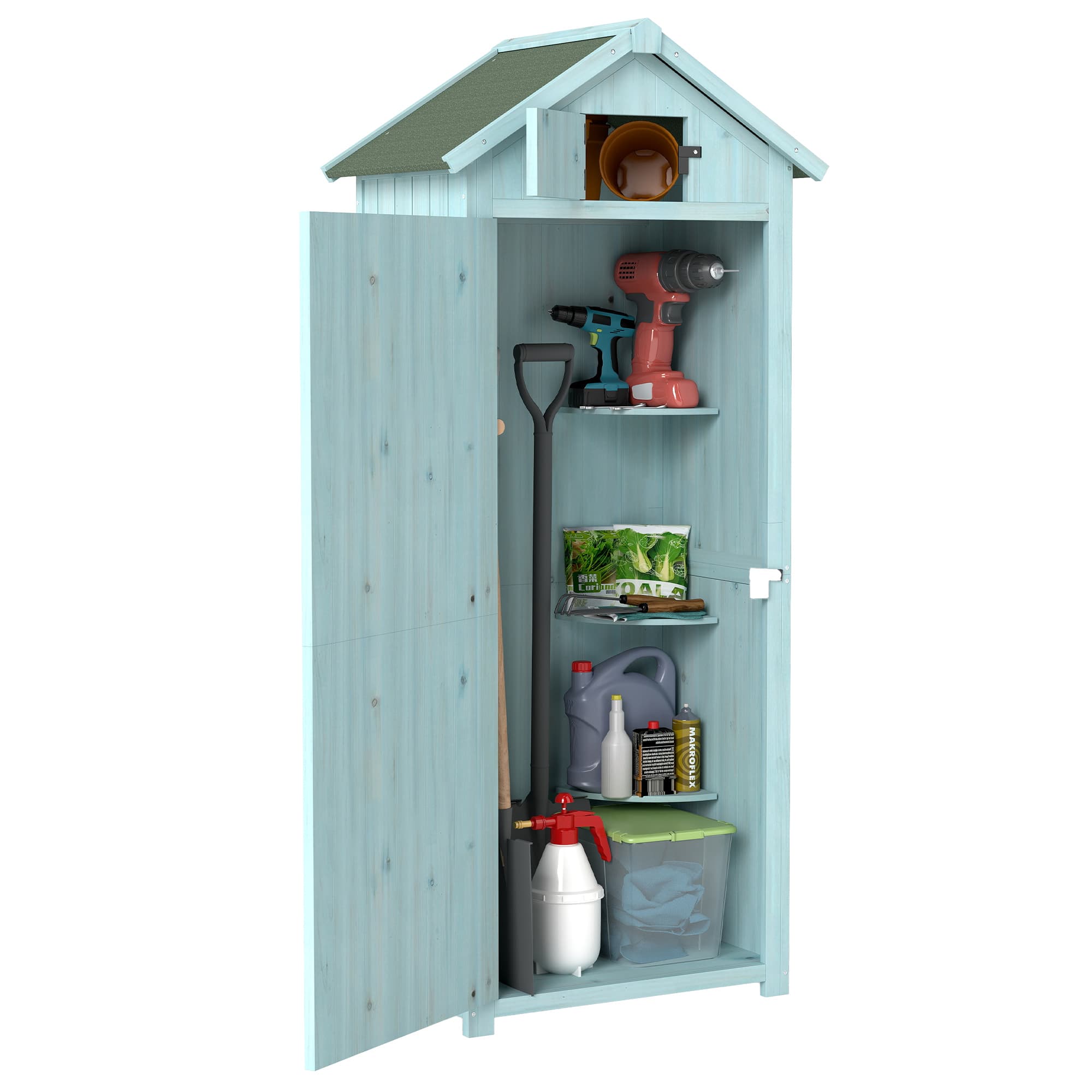 Outsunny Abri de Jardin en Bois Sapin pré-huilé - 3 Étagères, Double Portes à Loquets, Toit Pente Bitumé, 77x54x179 cm, Bleu Aosom France