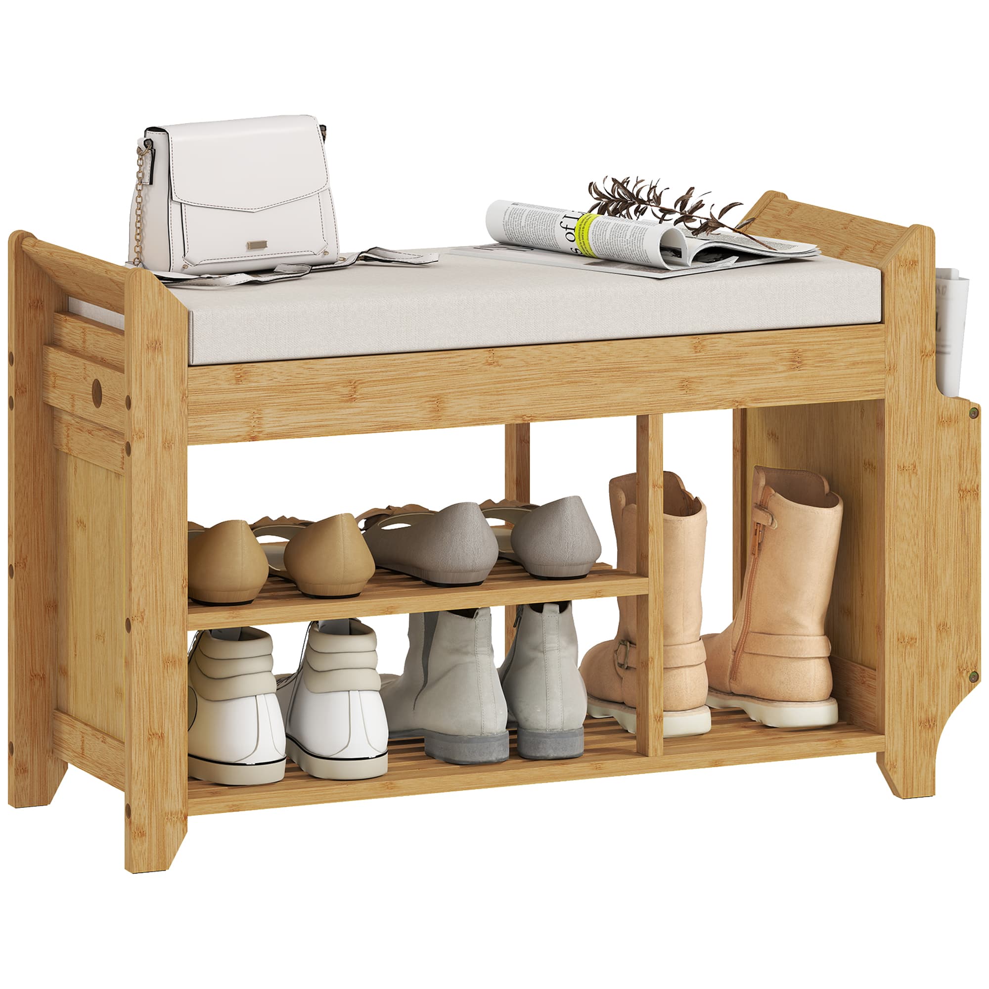 HOMCOM Banc à chaussures avec assise rembourrée Rangement latéral Étagère pour bottes Structure en bambou 80x30x50 cm Naturel