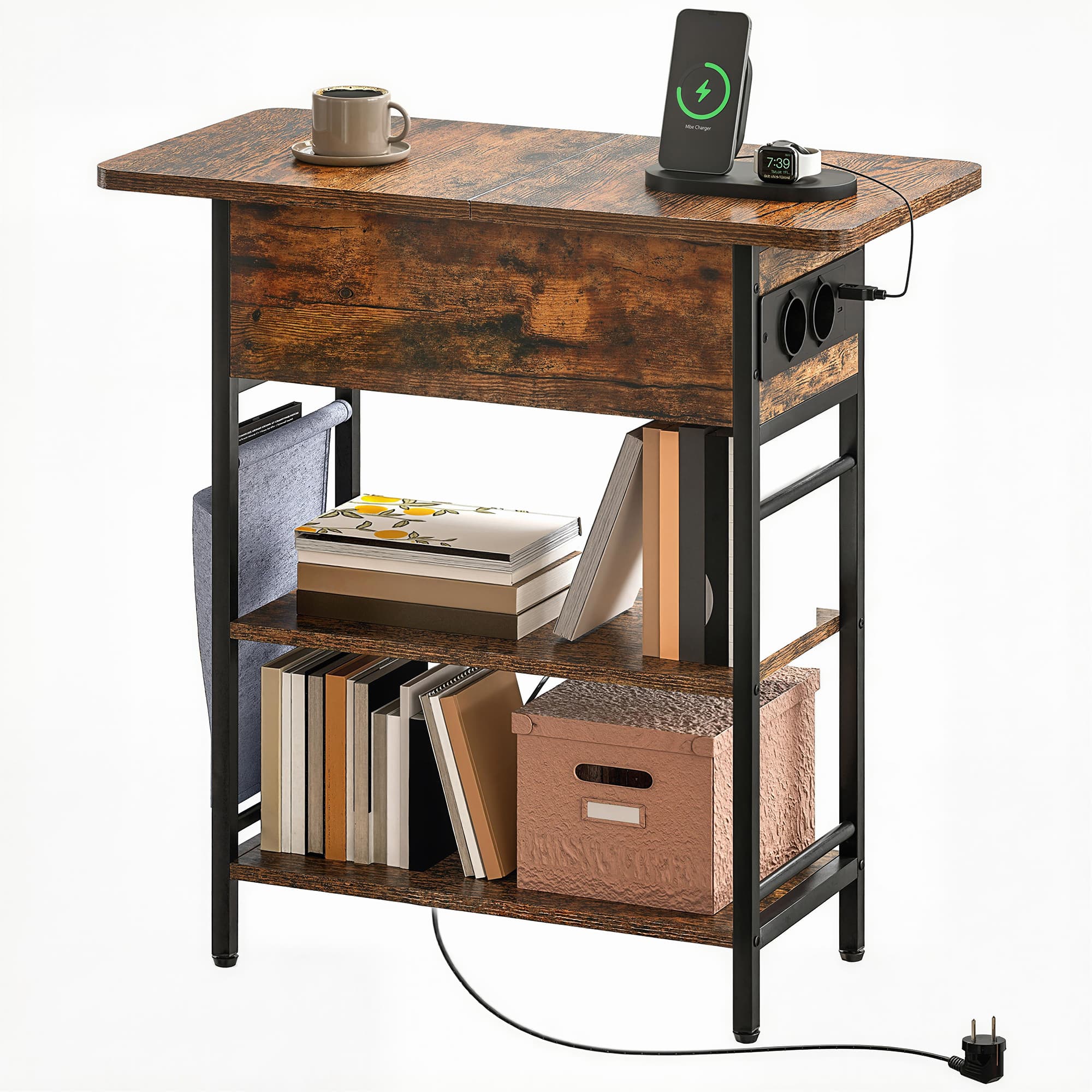 HOMCOM Table d'appoint bout de canapé avec station de charge et sac de rangement, 60 x 29,8 x 58,5 cm, brun rustique