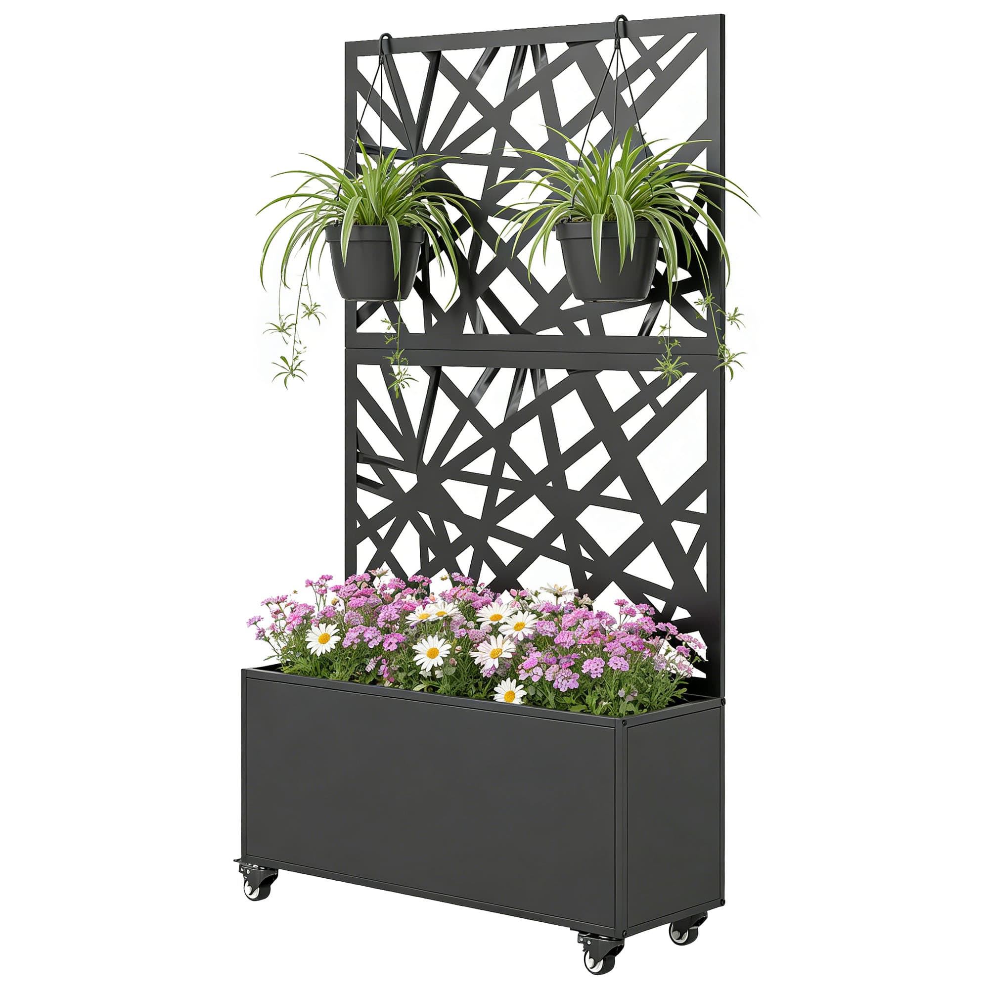 Outsunny Jardinière avec treillis, bac à fleurs, avec brise-vue et roulettes verrouillables, métal, 90 x 30 x 160 cm, noir