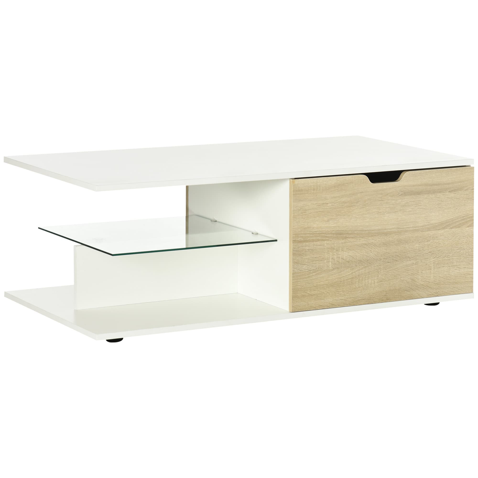 HOMCOM Table basse table de salon rectangulaire design moderne étagère en verre 2 tiroirs 106 x 58 x 39 cm blanc Aosom France