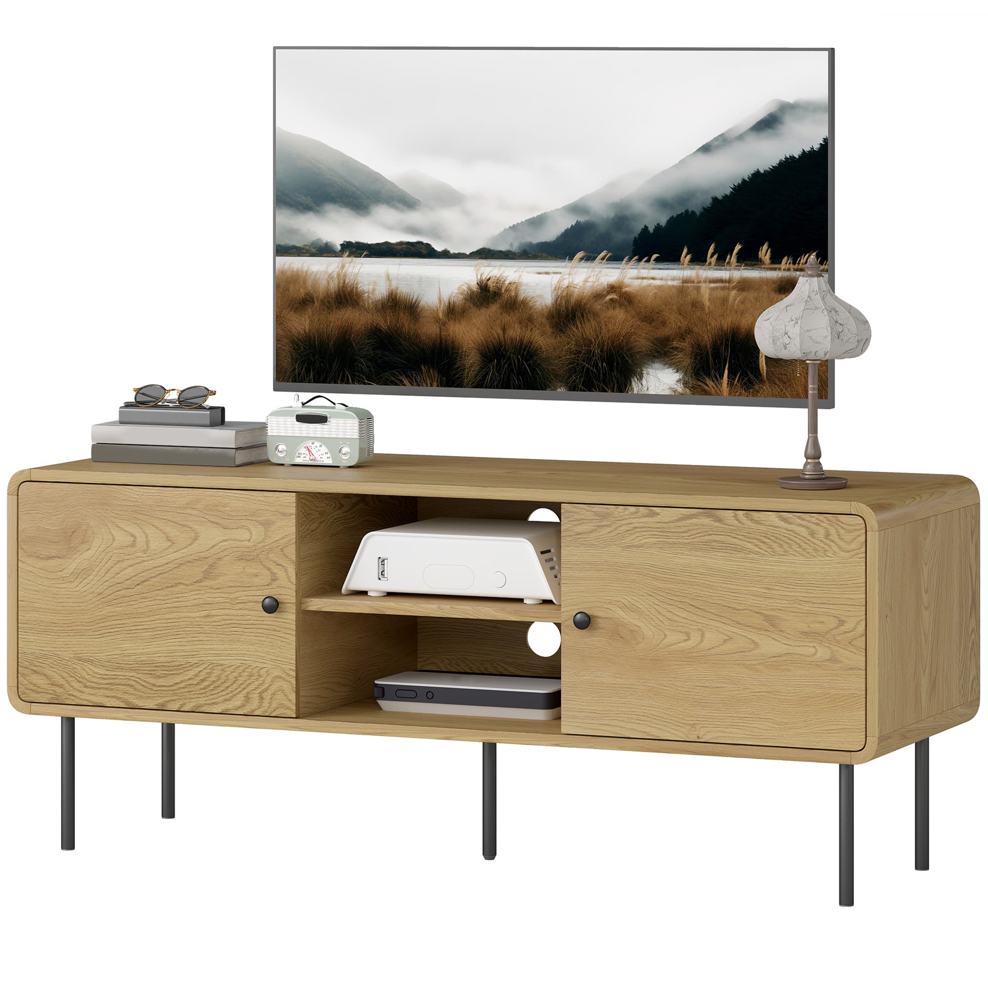 HOMCOM Meuble TV, meuble télé jusqu'à 55 pouces avec 2 portes, 2 compartiments ouverts, pieds en acier, 120x40x50cm, chêne