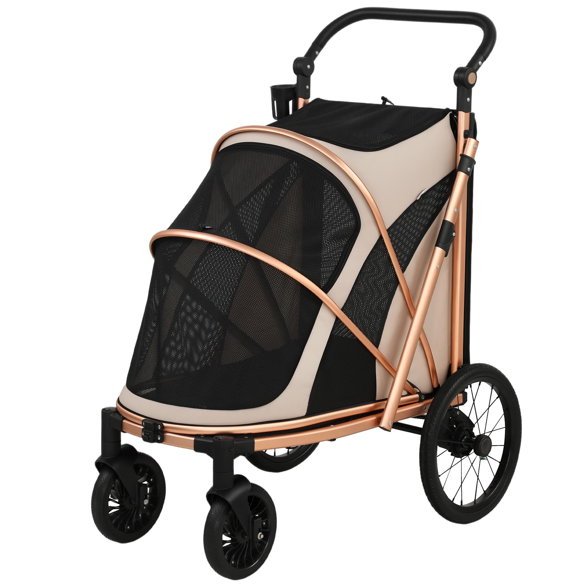 PawHut Poussette pour Chiens Pliable jusqu'à 20 kg avec Grandes Roues Suspension et Frein Fenêtres en Maille Coussin Brun Clair