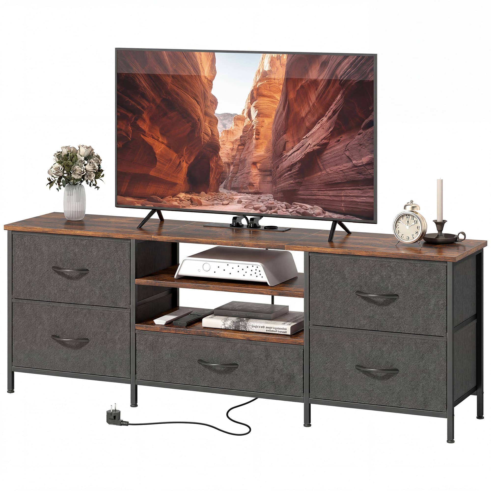 HOMCOM Meuble TV 140 cm, meuble télé 65 pouces, station de charge, 5 tiroirs en tissu, étagères ouvertes, 140x30x50cm, marron