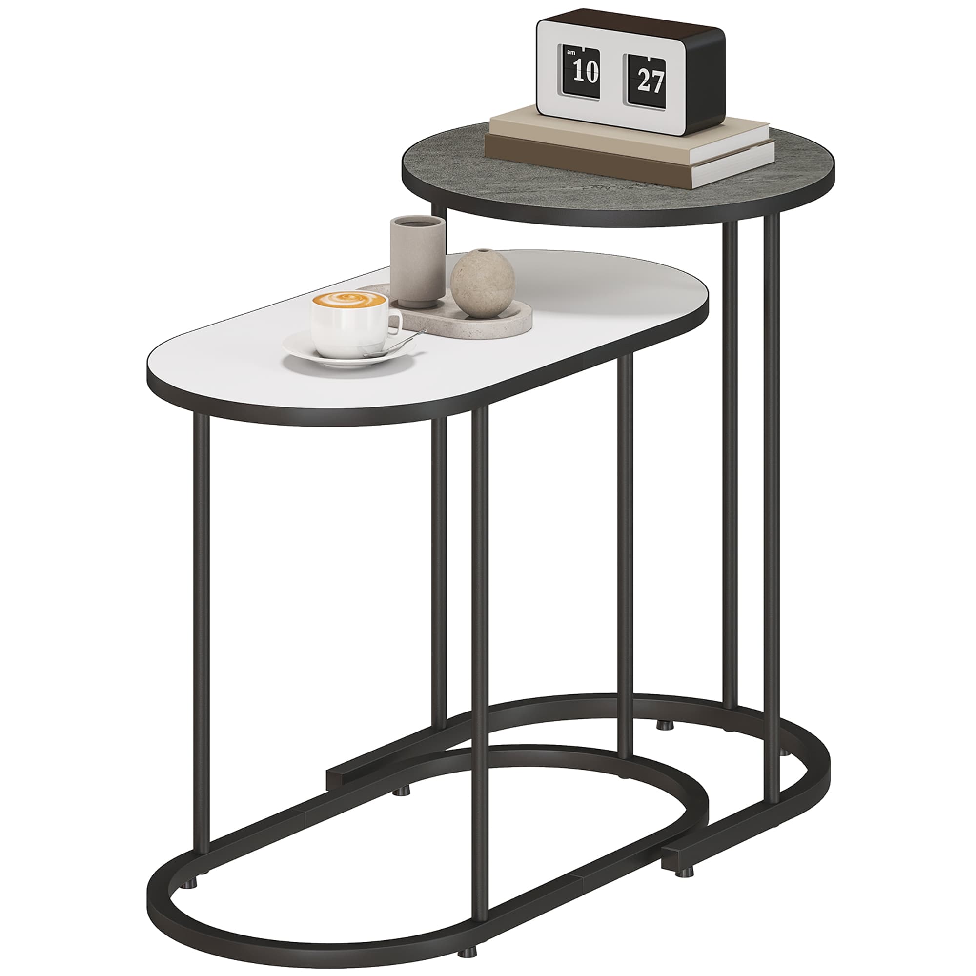HOMCOM Lot de 2 tables basses gigognes, tables d'appoint empilable style contemporain, cadre en métal gris et blanc