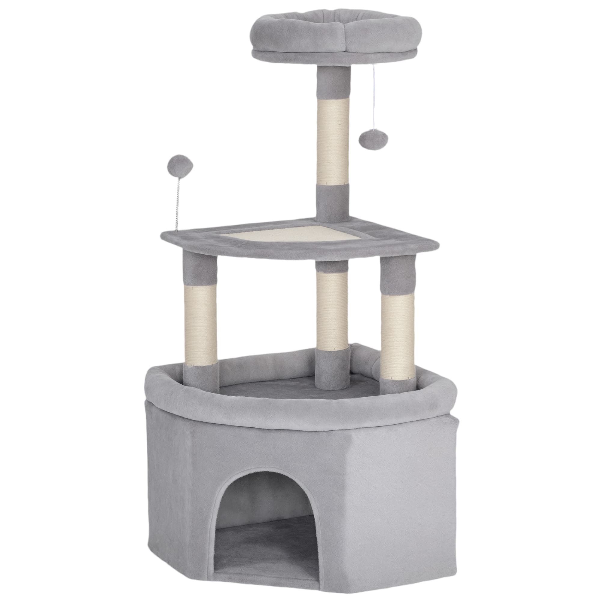 PawHut Arbre à chat tour de jeux pour chats griffoirs sisal, plate-forme, niche, tissu peluche, balles, 49x49x114cm gris clair