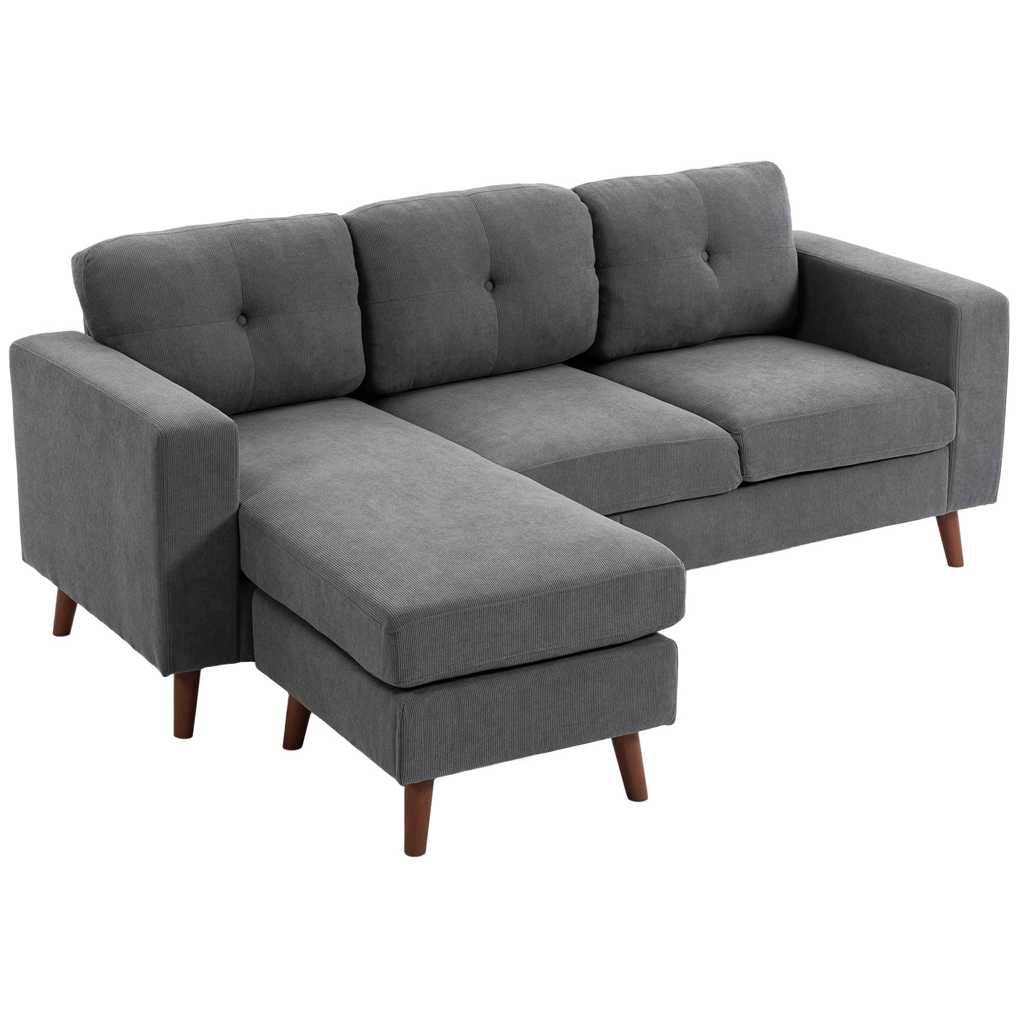 HOMCOM Canapé d'angle 192 cm en L 3 places avec chaise longue réversible, aspect velours côtelé, pour petits espaces, gris foncé