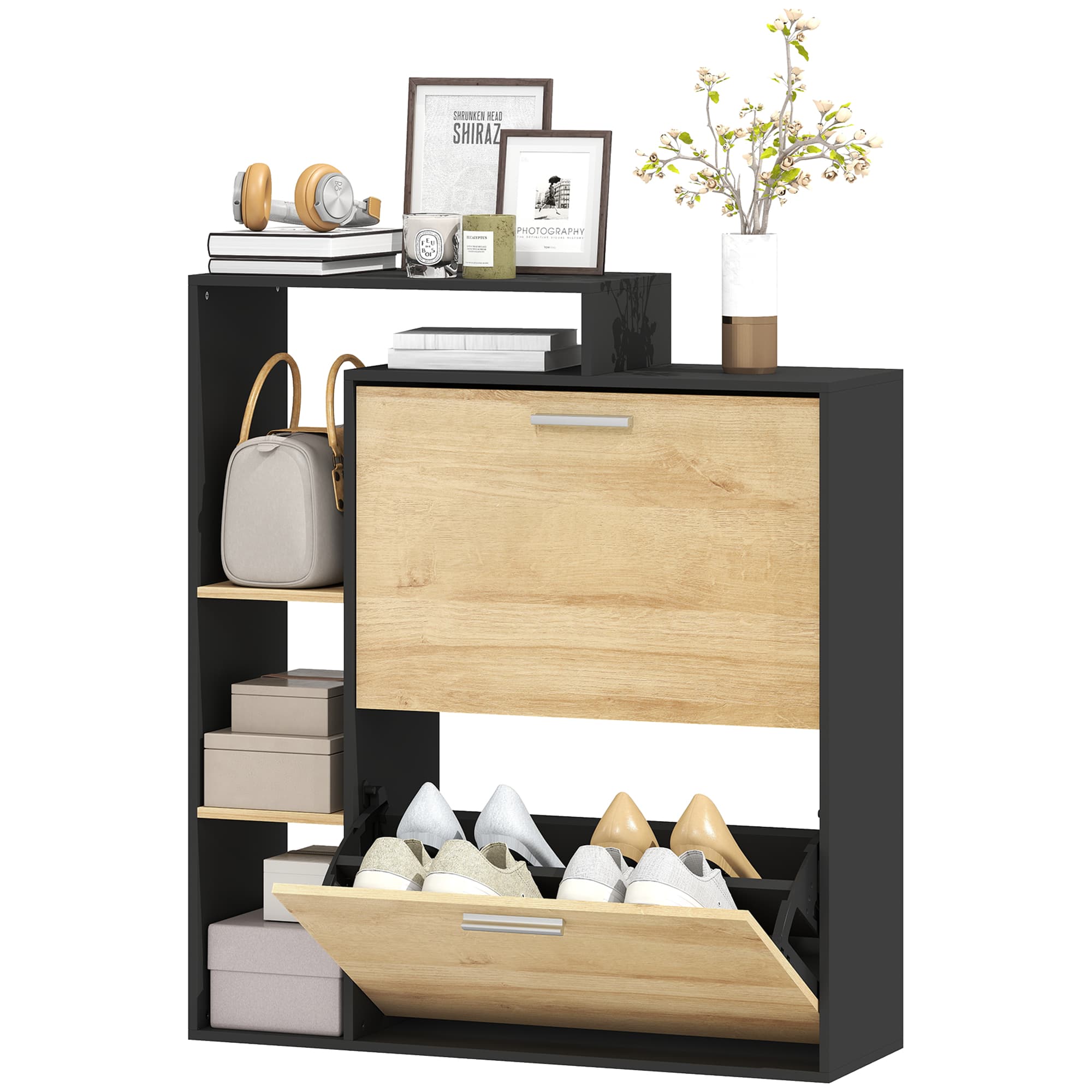 HOMCOM Meuble à chaussures 8 paires, armoire à chaussures étroite avec 2 tiroirs rabattables, 3 compartiments ouverts, noir
