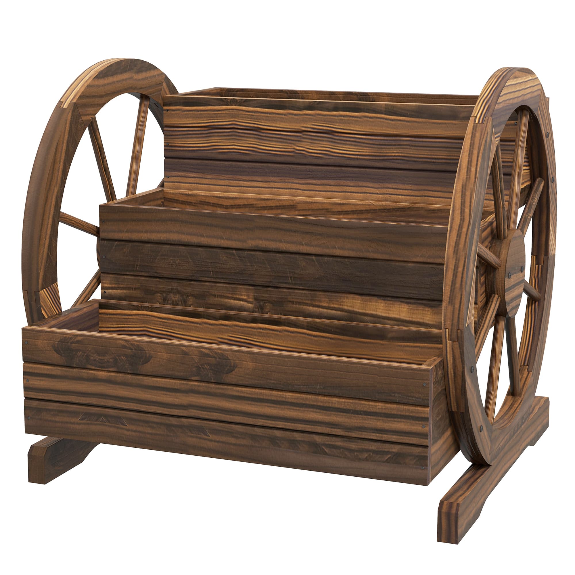 Outsunny Jardinière sur Pieds carré Potager 3 étages Style Rustique avec 2 roues Charrette trous de drainage, 62x61x57cm marron