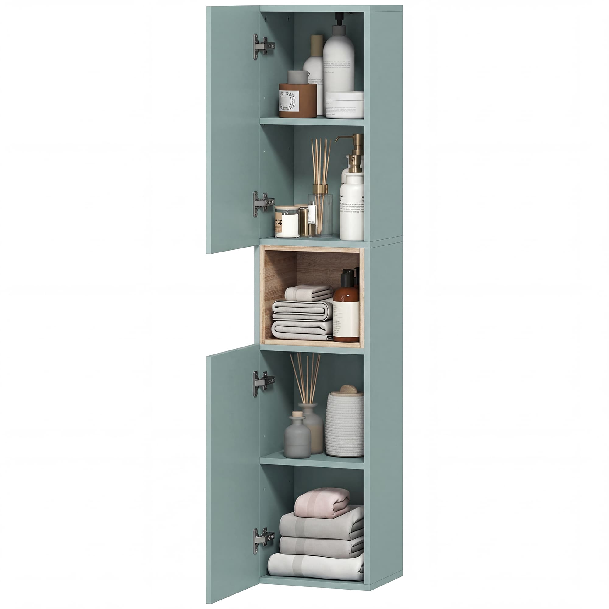 HOMCOM Meuble colonne salle de bain, meuble de rangement, 2 portes, compartiment et étagères réglables, 30x24x140cm, vert
