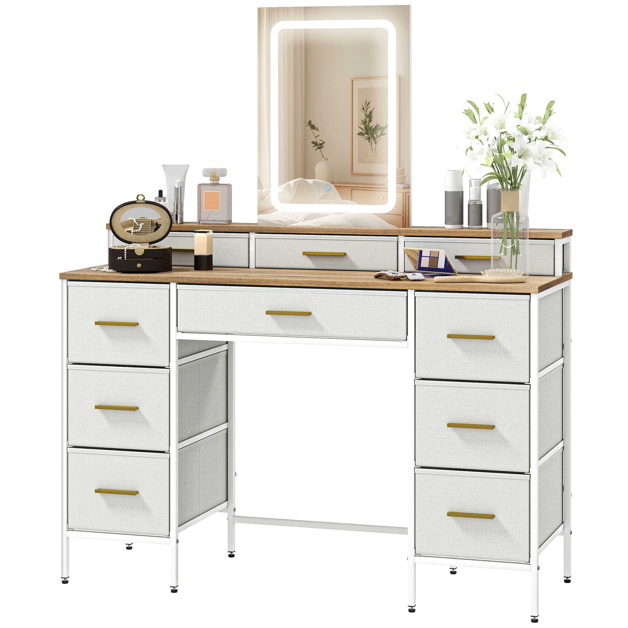HOMCOM Coiffeuse avec miroir et lumières LED 3 couleurs, table de maquillage 10 tiroirs en tissu, 118,5 x 39,5 x 140 cm naturel